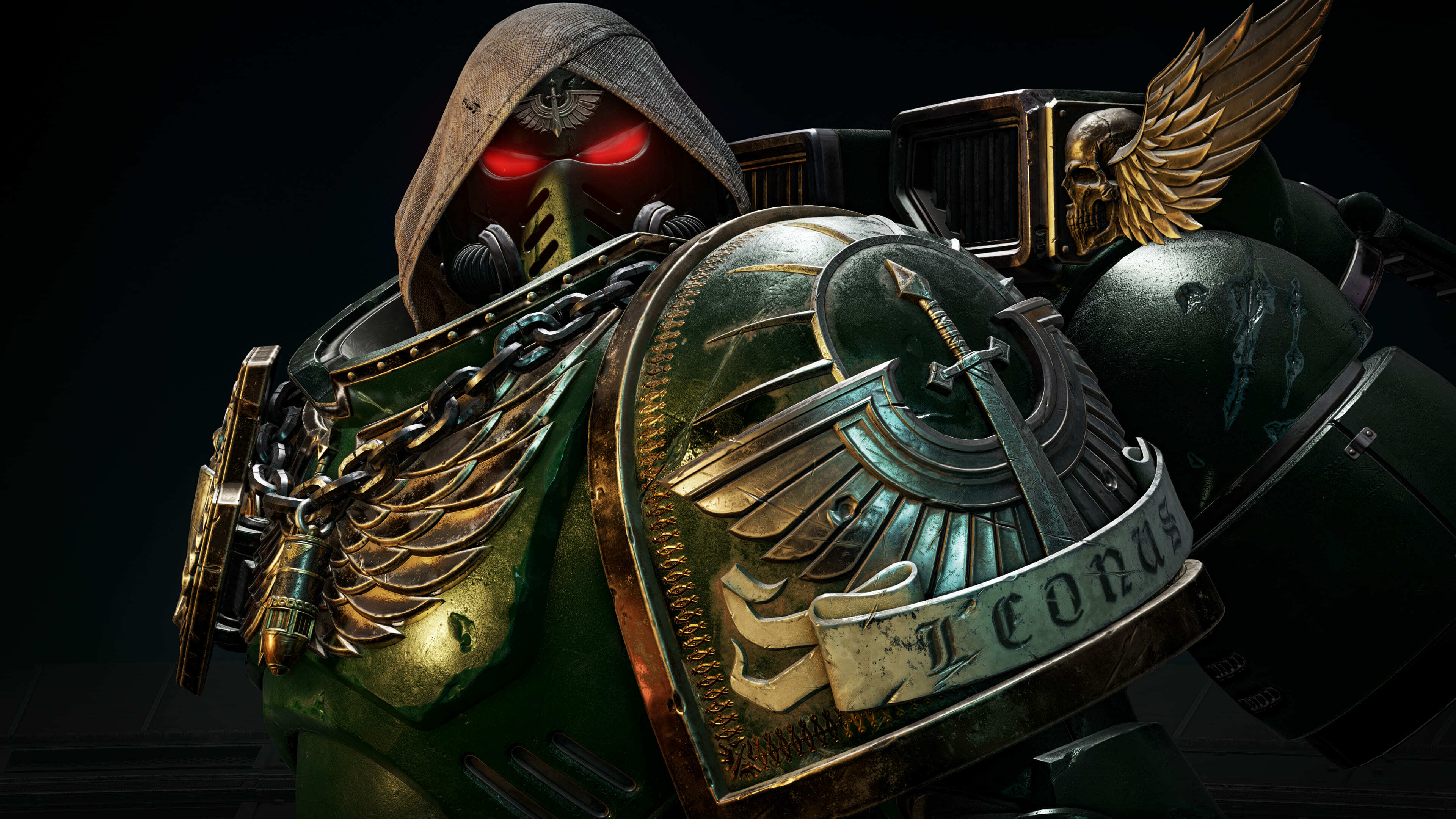 A highly detailed Space Marine in heavy power armor from the game Warhammer 40,000: Space Marine 2, set against a dark, cinematic background.