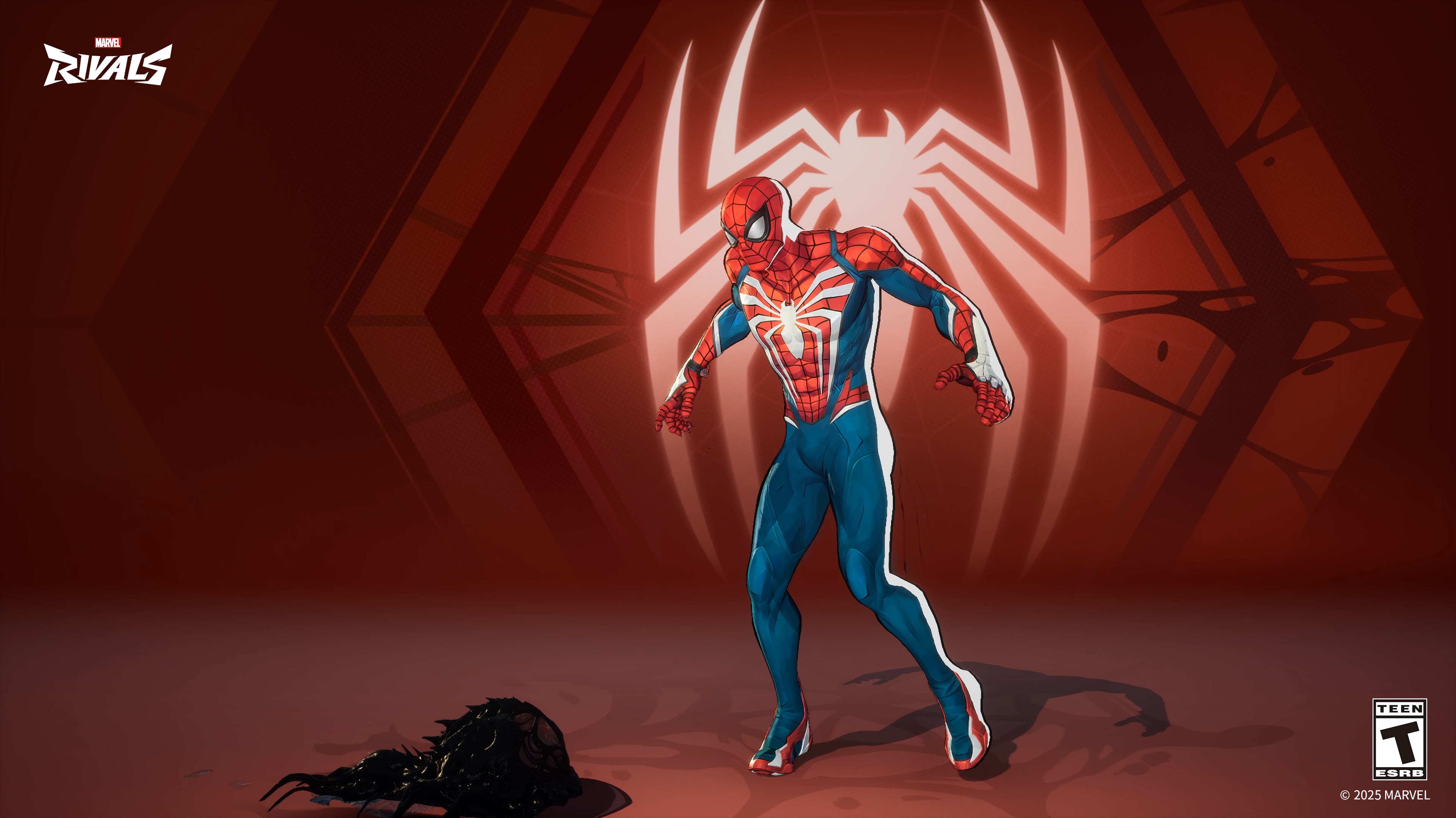 Spider-Man from the game Marvel Rivals in a powerful combat pose.