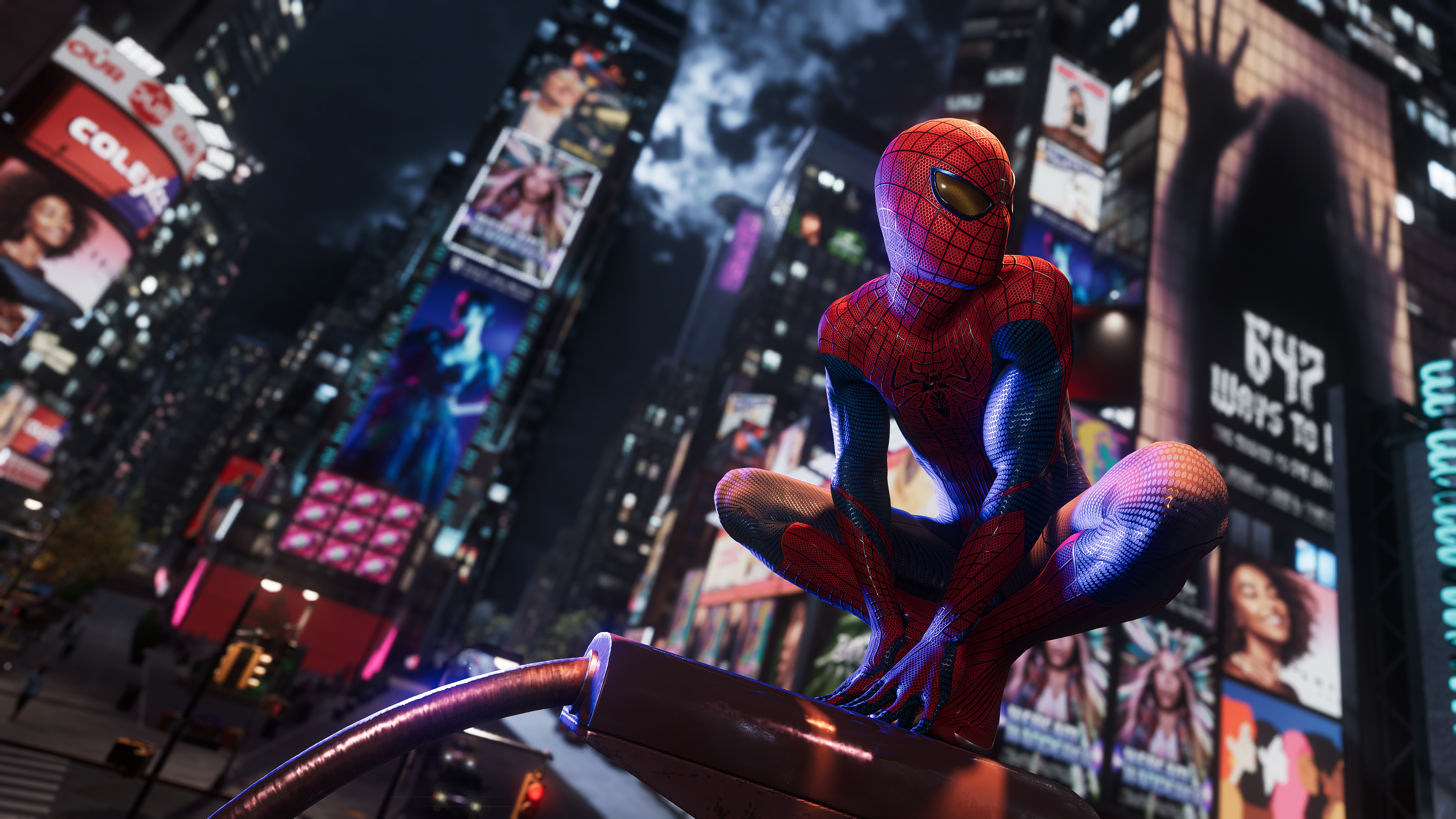 Spider-Man perched atop a skyscraper overlooking the dense cityscape of New York City in Marvel's Spider-Man 2.