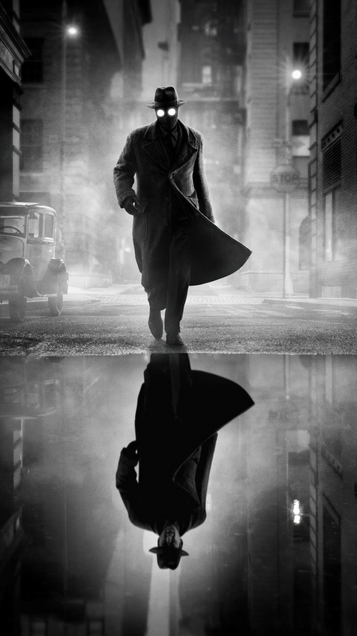 Spider-Man Noir in a dramatic black and white monochrome setting, Marvel Studios style.