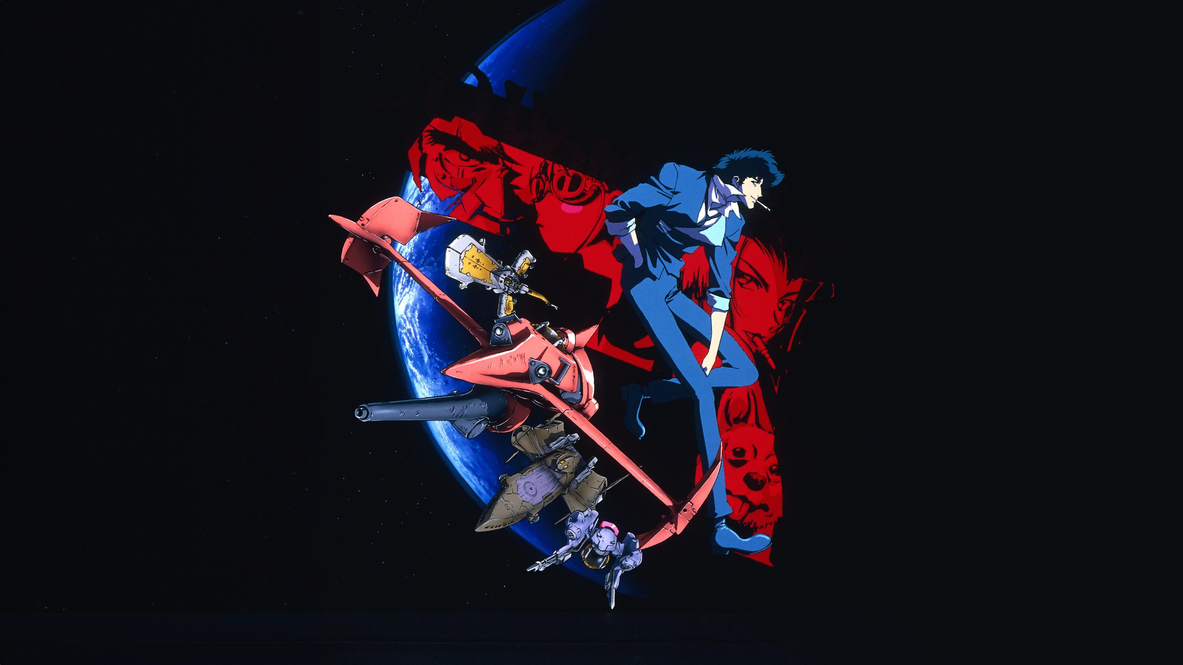 Spike Spiegel and Faye Valentine from Cowboy Bebop standing against a dark, cinematic background