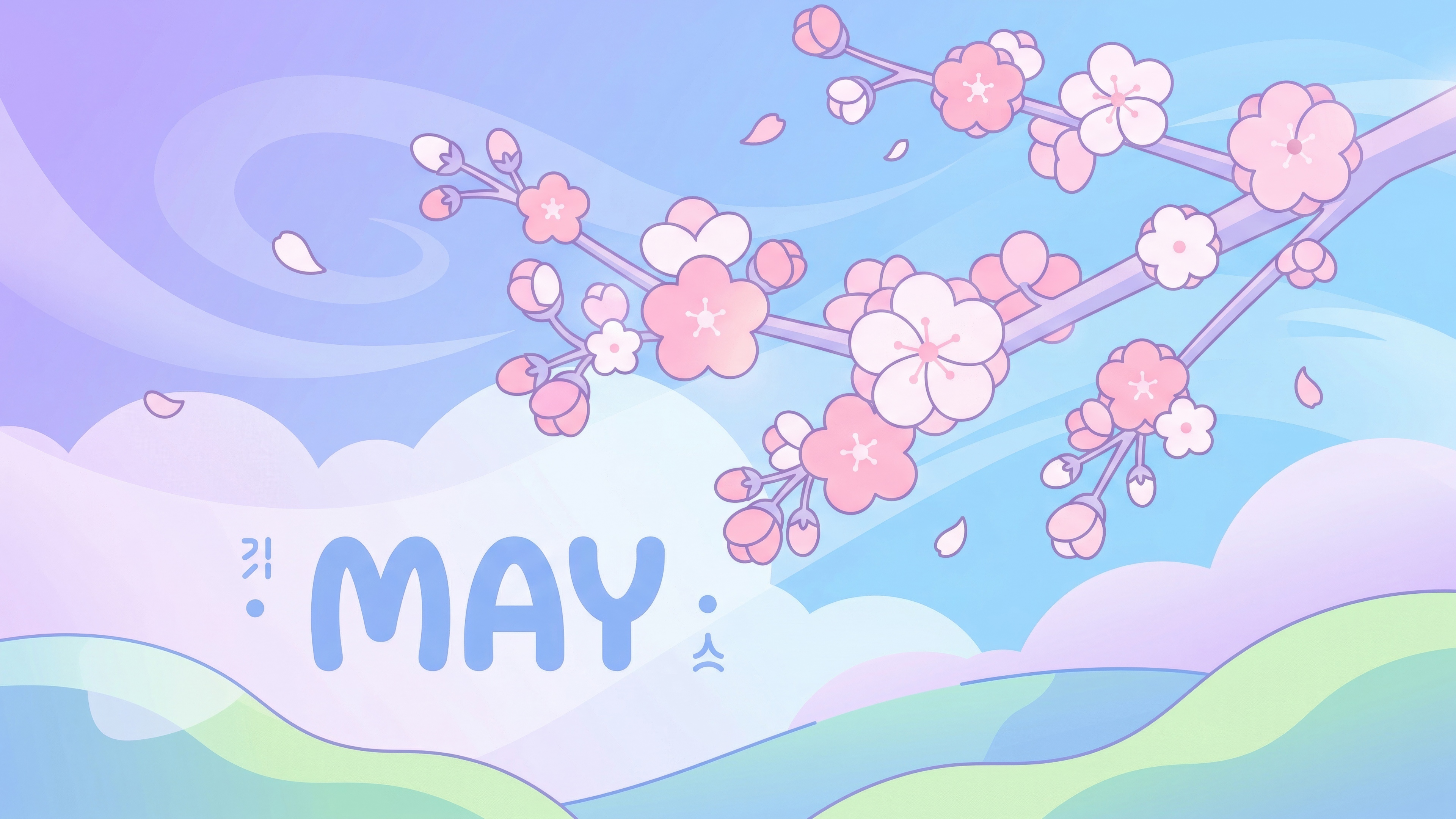 A serene illustration of pink and white cherry blossoms in soft pastel colors, capturing a peaceful spring atmosphere.