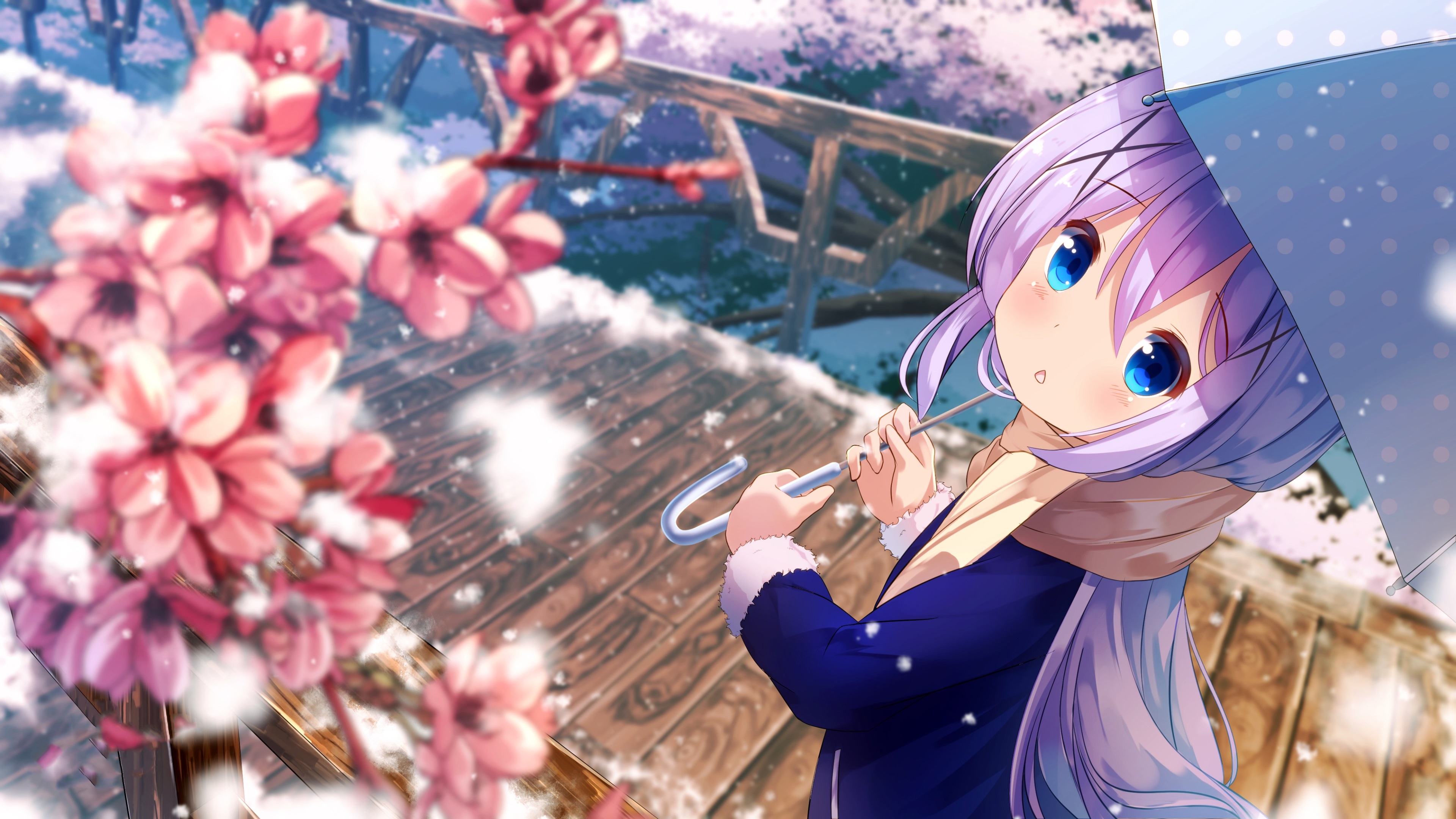 A cute anime girl with a soft expression standing amidst blooming spring flowers and vibrant green leaves.