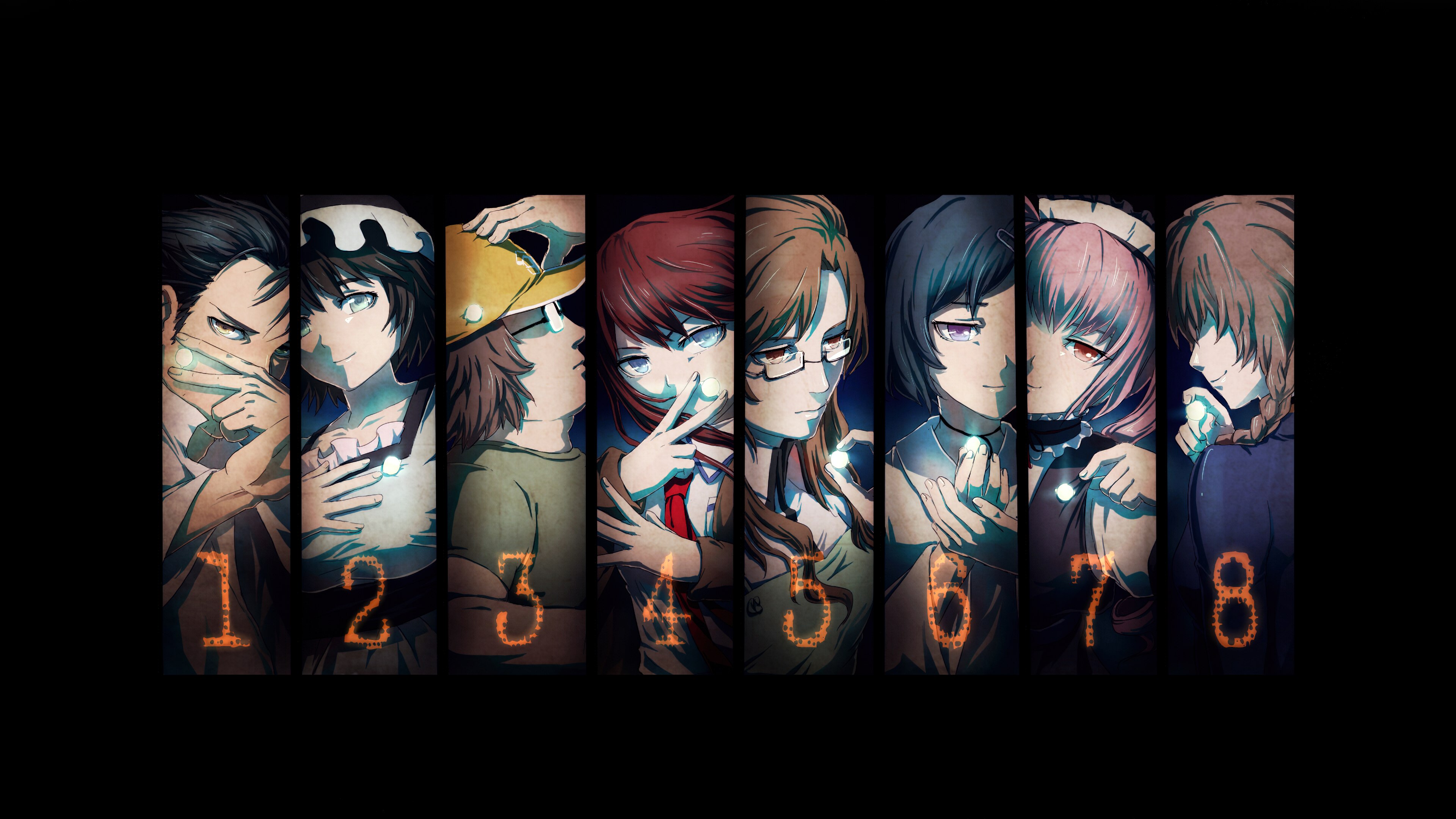 A group portrait of the Steins;Gate anime cast featuring Rintaro Okabe, Kurisu Makise, and Mayuri Shiina against a black background.