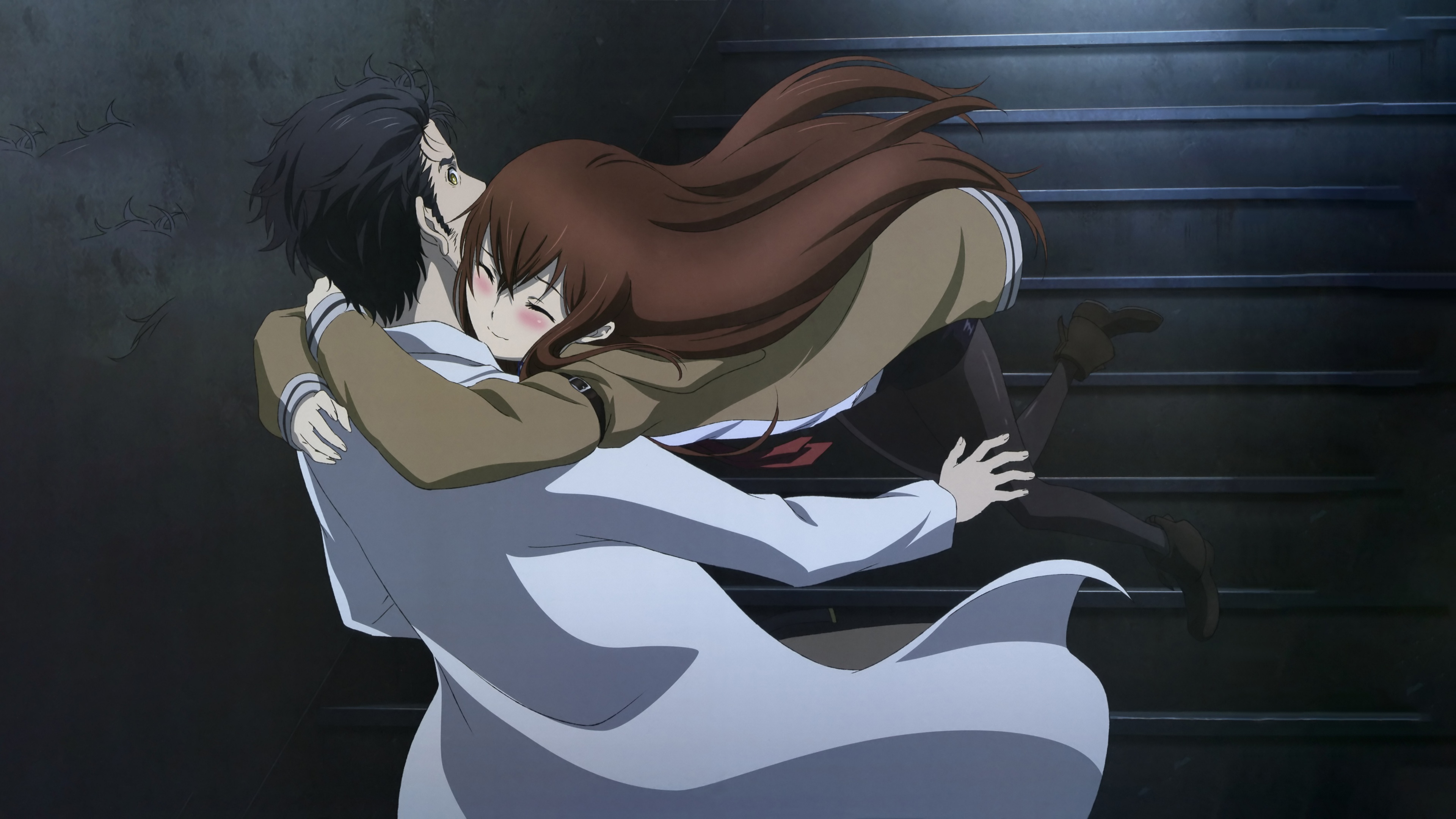 Rintaro Okabe and Kurisu Makise from the anime Steins;Gate in a high-resolution romantic scene.