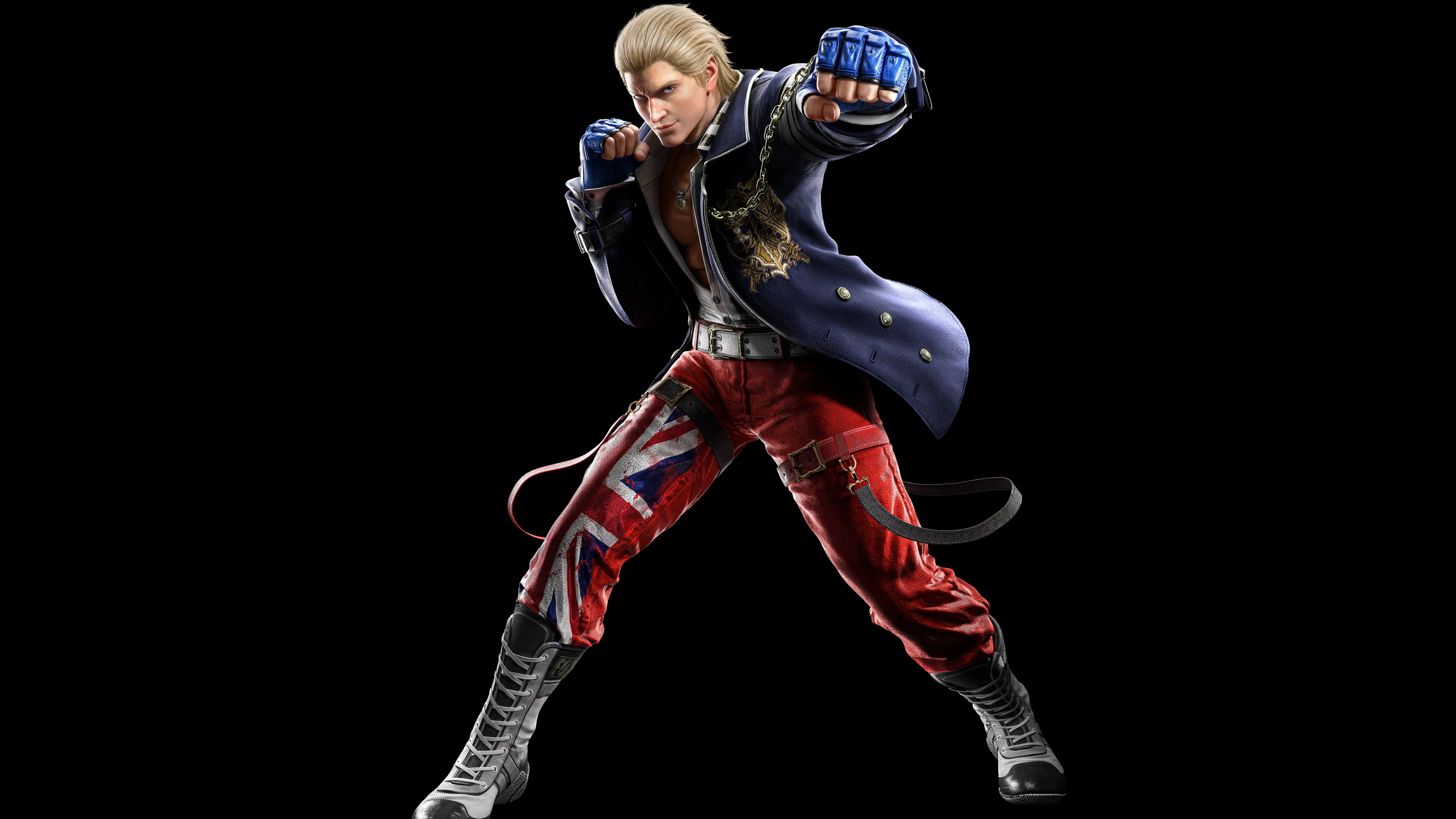 A high-resolution, cinematic close-up of Steve Fox from Tekken 8 against a deep black background.