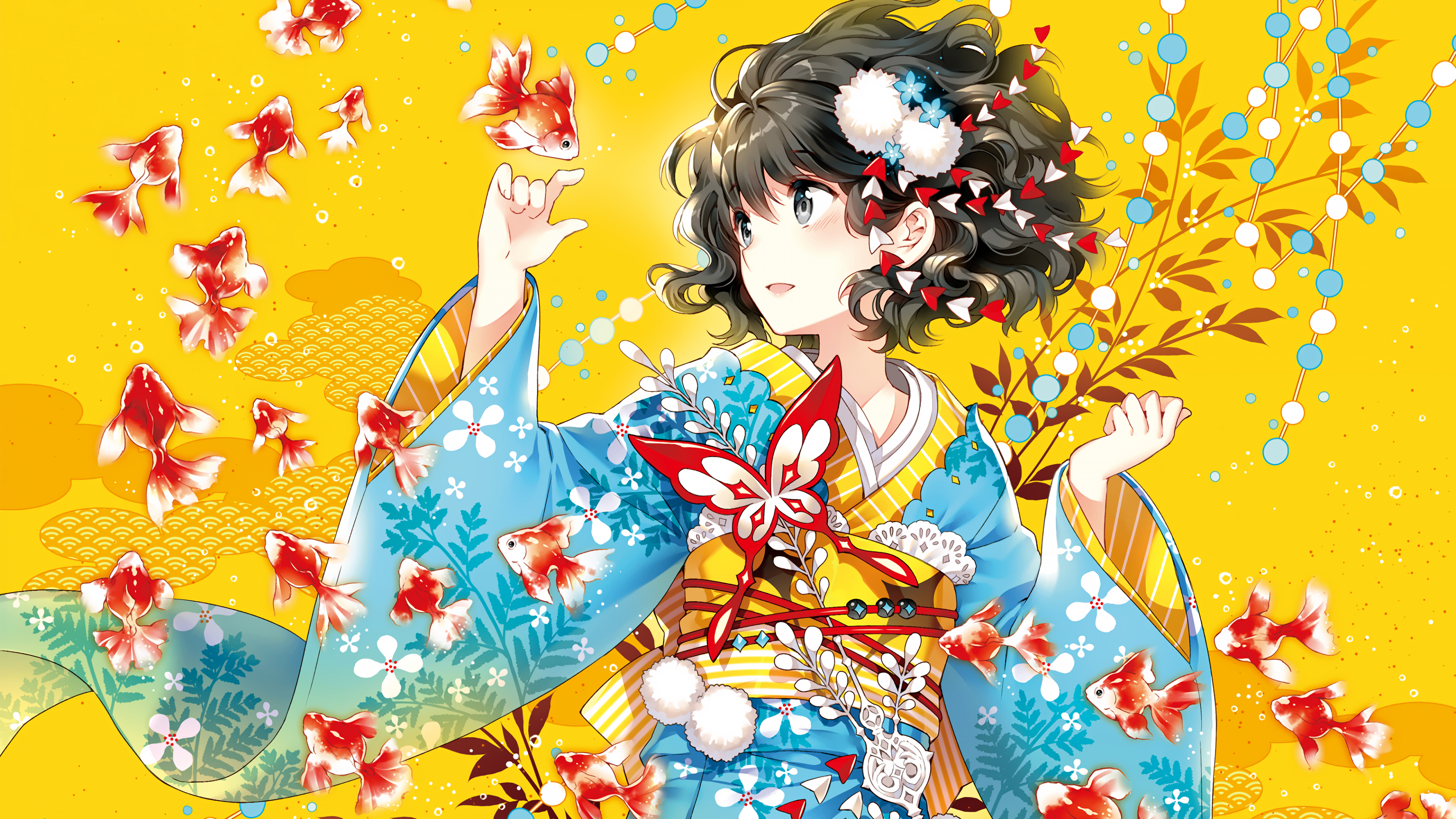 An anime girl swimming underwater with colorful fish against a bright yellow background