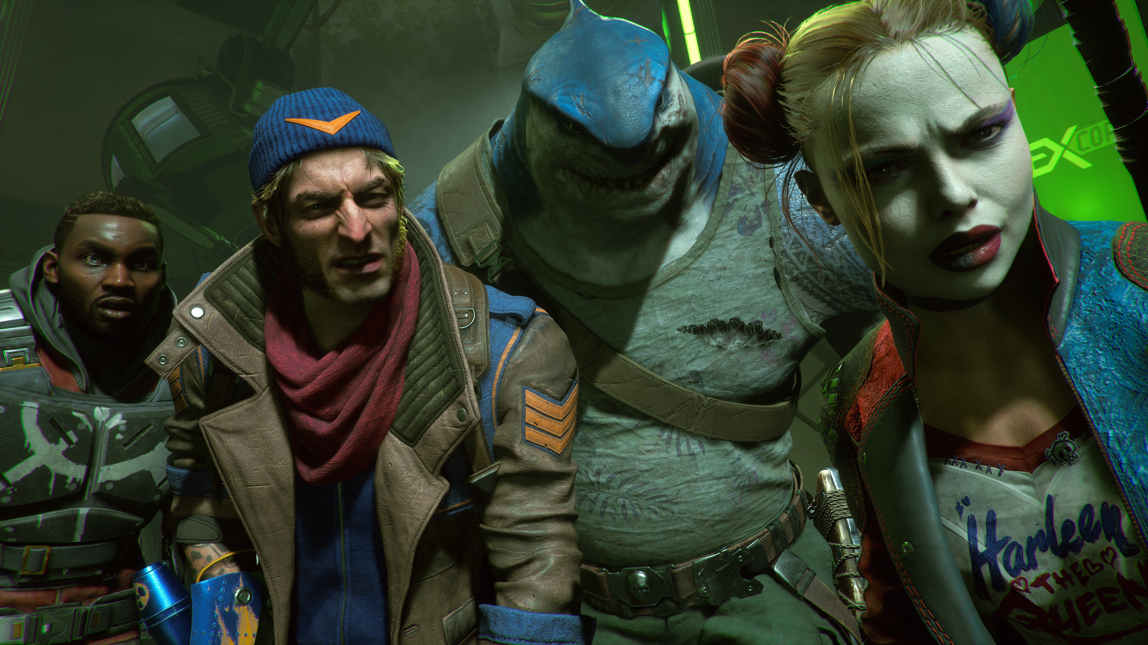 Characters Harley Quinn, Deadshot, King Shark, and Captain Boomerang from the video game Suicide Squad: Kill the Justice League.