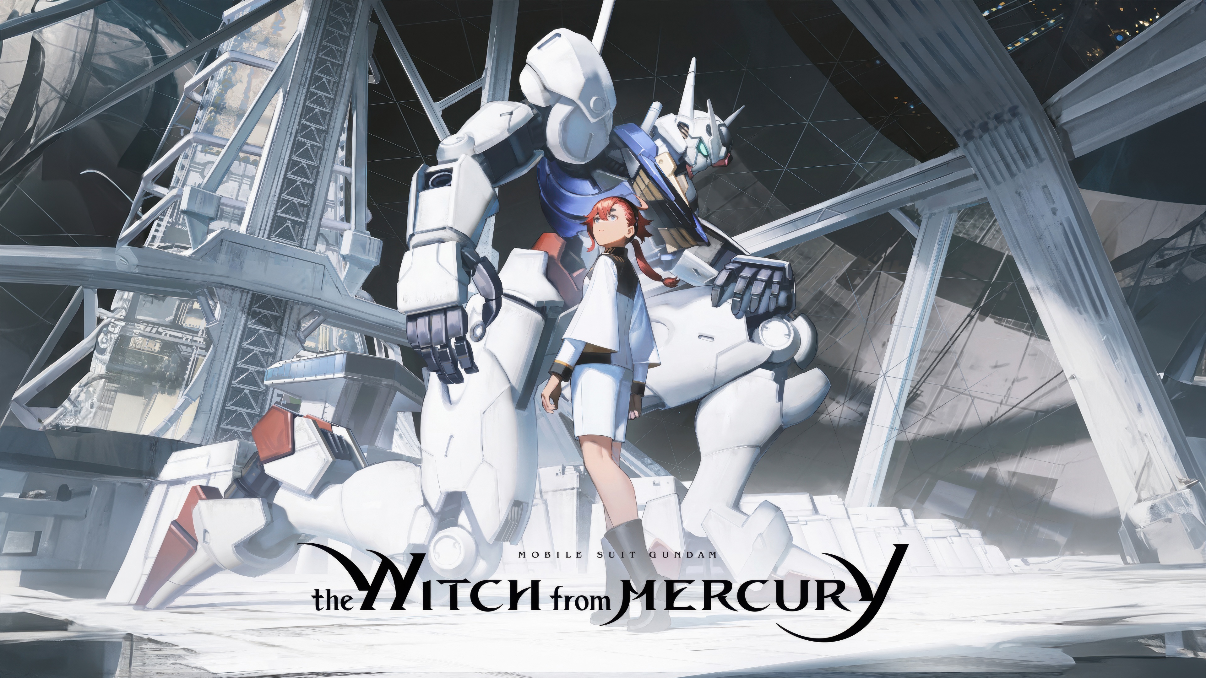 Suletta Mercury standing with the Gundam Aerial mobile suit from Mobile Suit Gundam: The Witch from Mercury.