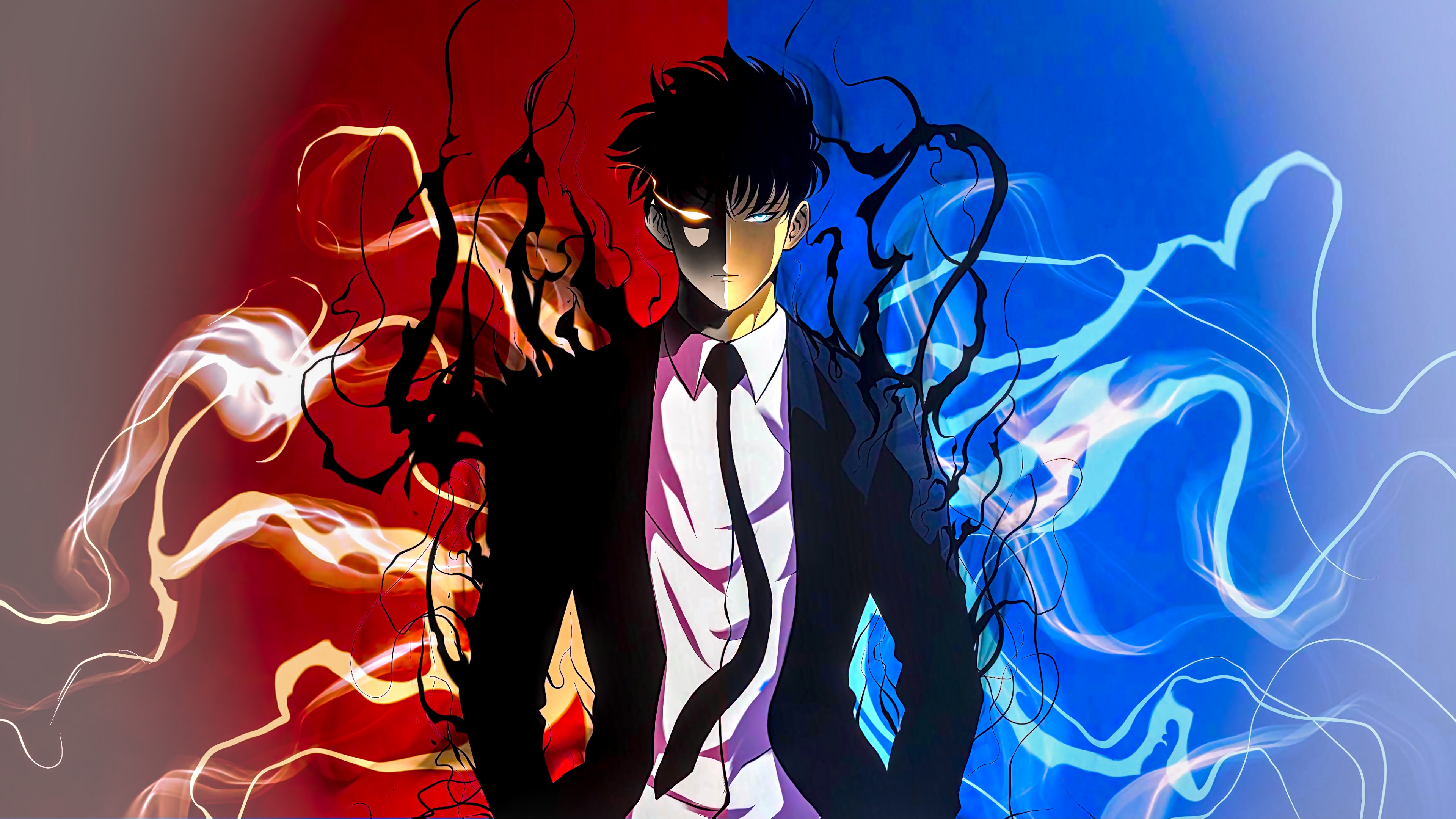 A colorful 8K digital art piece featuring Sung Jinwoo from the Solo Leveling anime and manhwa.