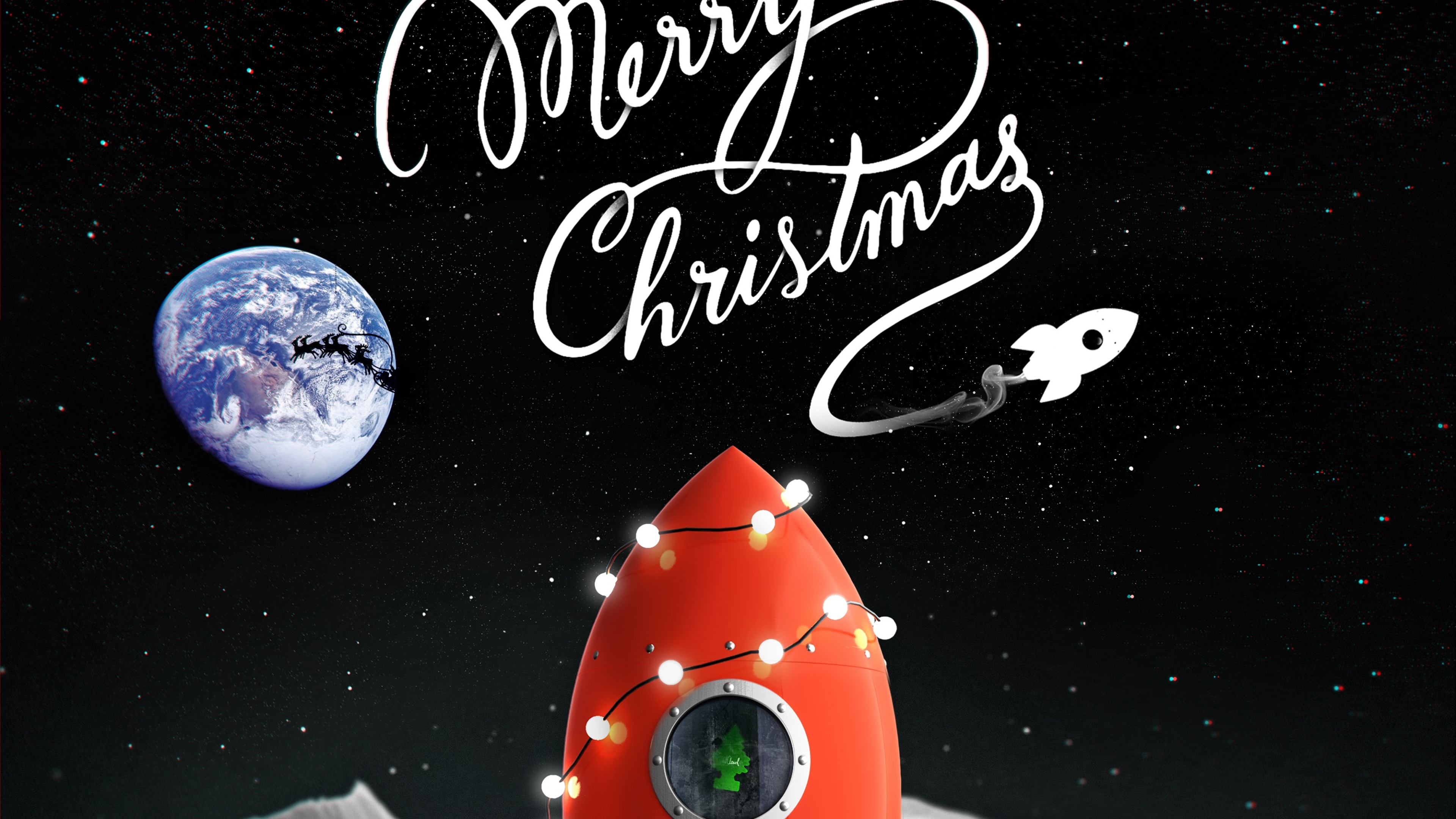 A surreal space scene featuring a rocket, the Earth, and the Moon with a festive Christmas atmosphere.