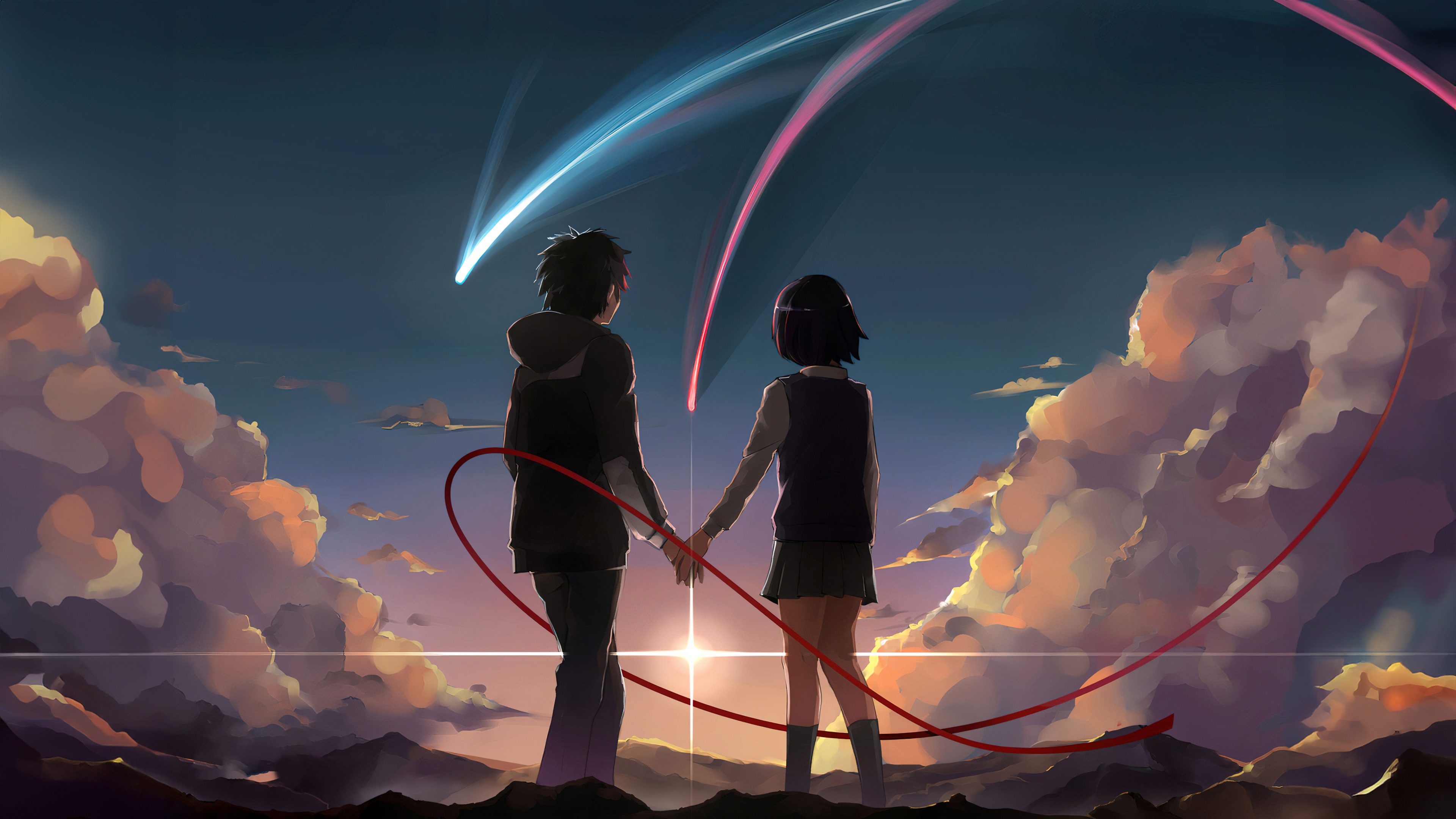 Anime couple Taki Tachibana and Mitsuha Miyamizu from Kimi no Na wa watching Comet Tiamat and shooting stars in a lofi art style.