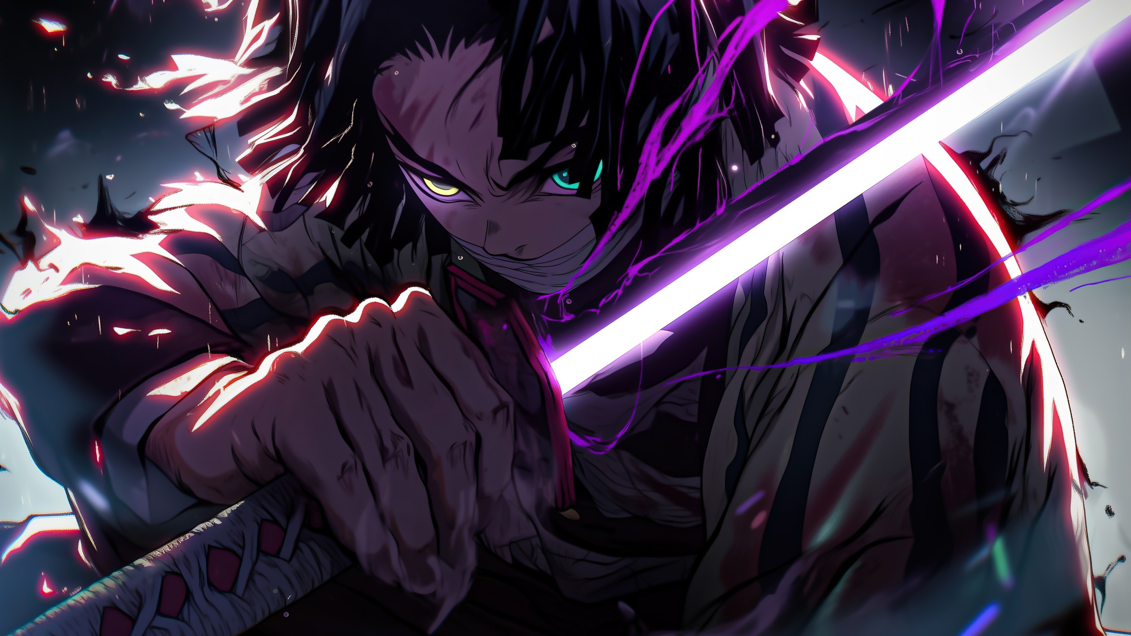 Tanjiro Kamado wielding his sword in a colorful anime style from Demon Slayer: Kimetsu no Yaiba.