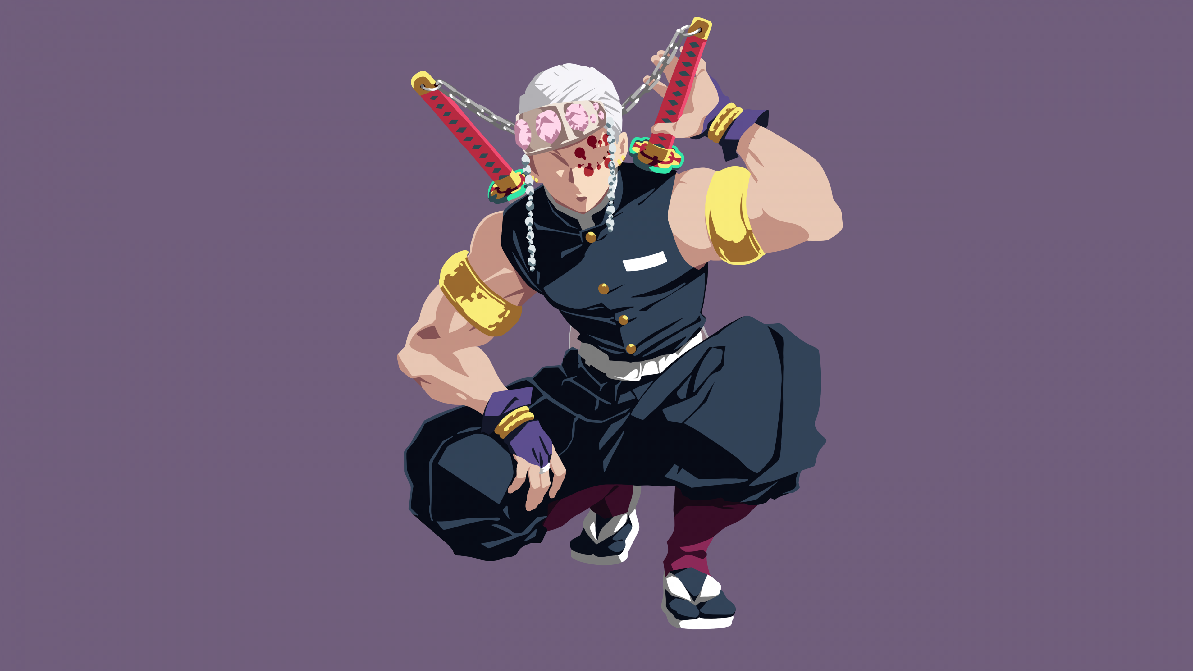 Minimalist illustration of Tengen Uzui from Demon Slayer: Kimetsu no Yaiba on a purple background