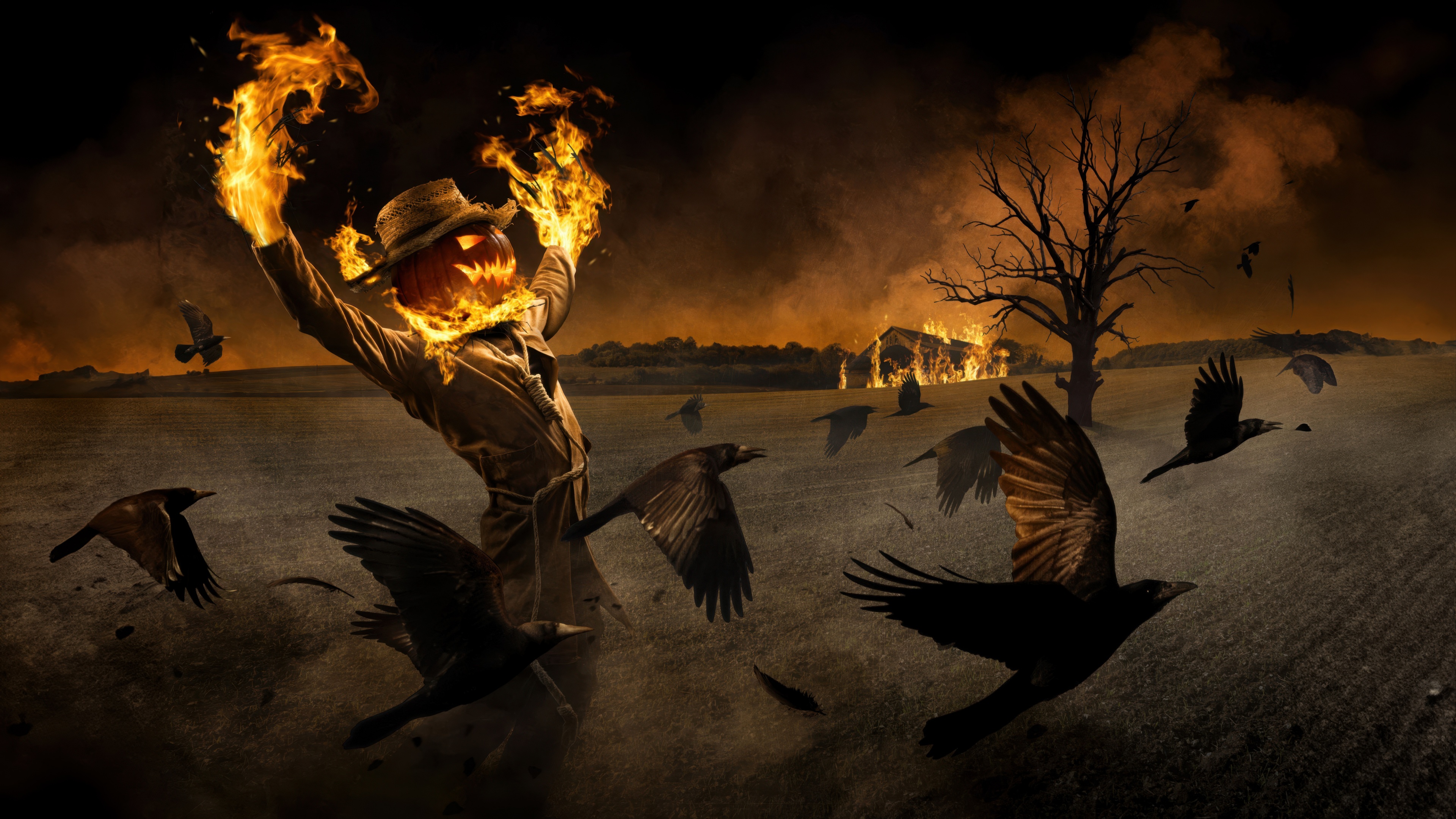 A spooky, burning scarecrow surrounded by crows on a dark, gothic Halloween night.