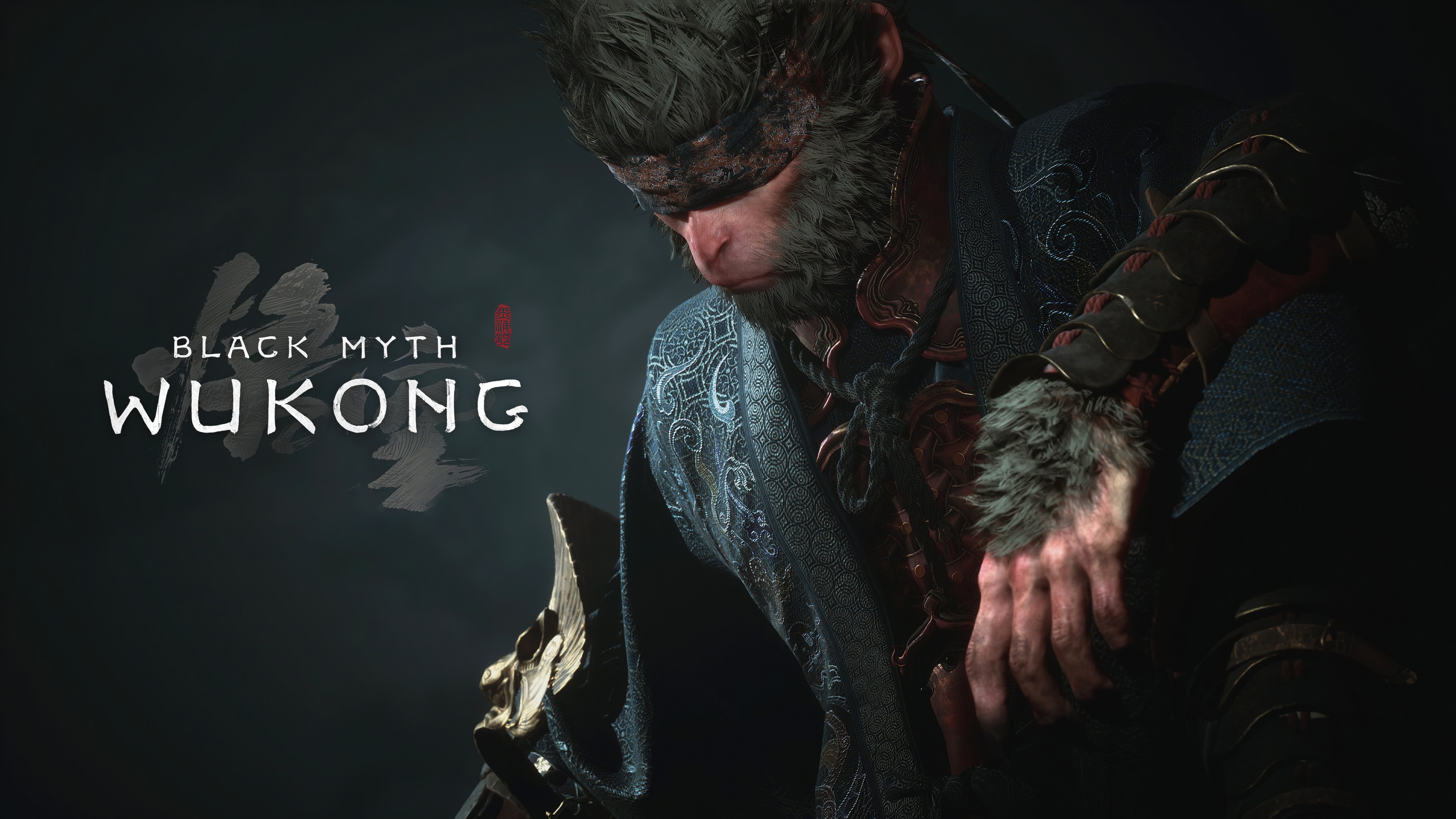 A cinematic close-up of the Destined One from Black Myth: Wukong, showcasing detailed armor and a powerful, focused expression.
