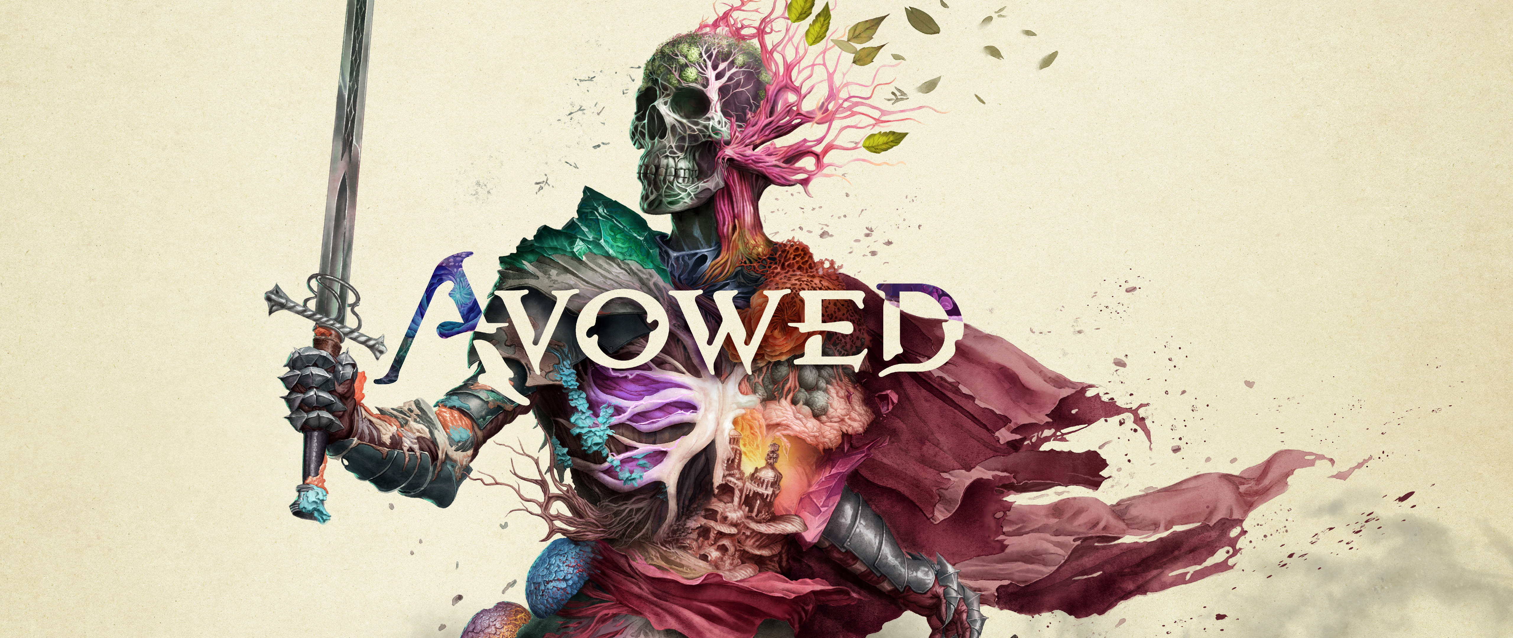 A wide-angle cinematic shot from the game Avowed, featuring a character exploring a mystical and highly detailed fantasy landscape.