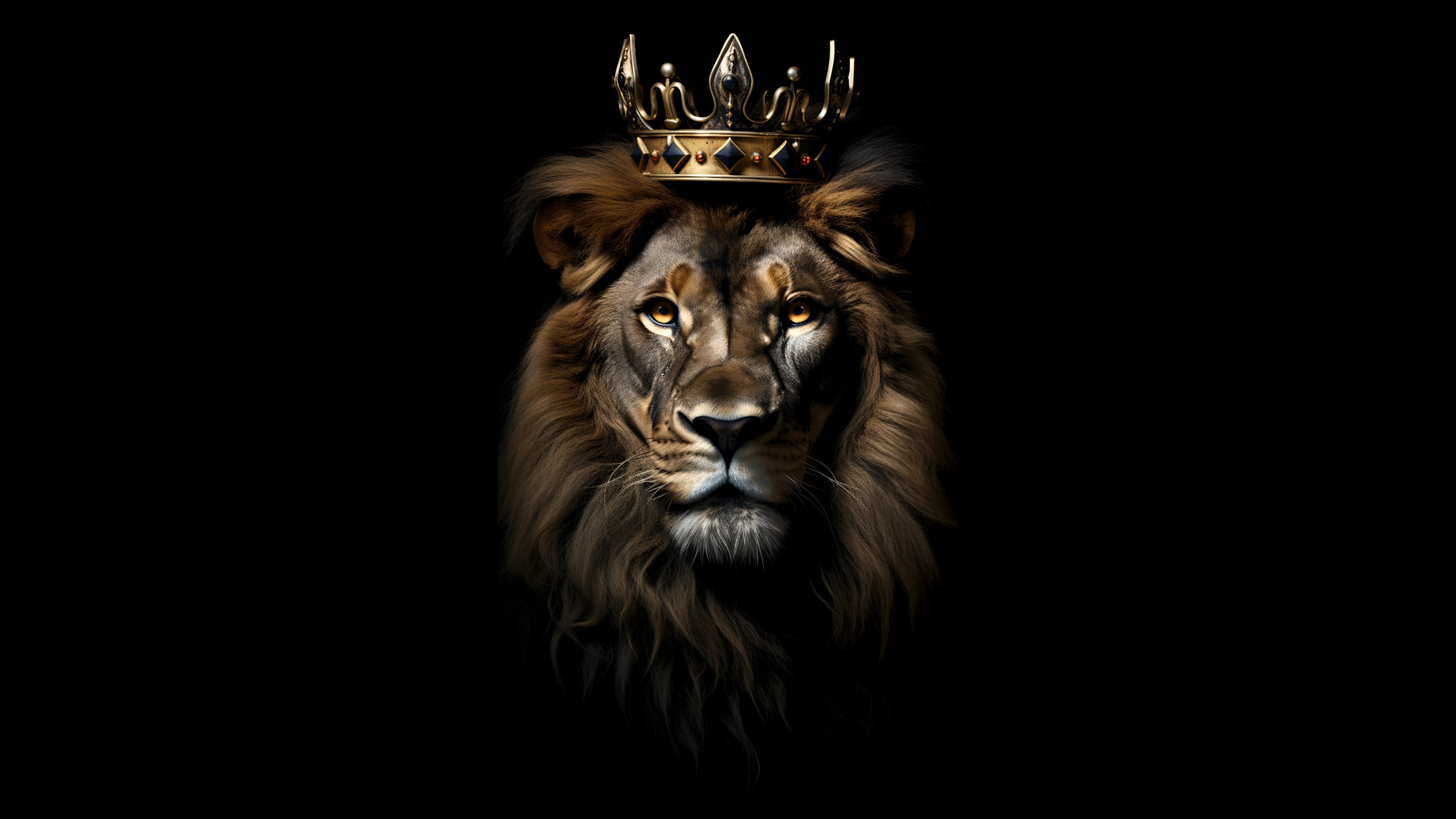 A close-up, high-definition portrait of a regal lion wearing a golden crown against a pitch-black background.