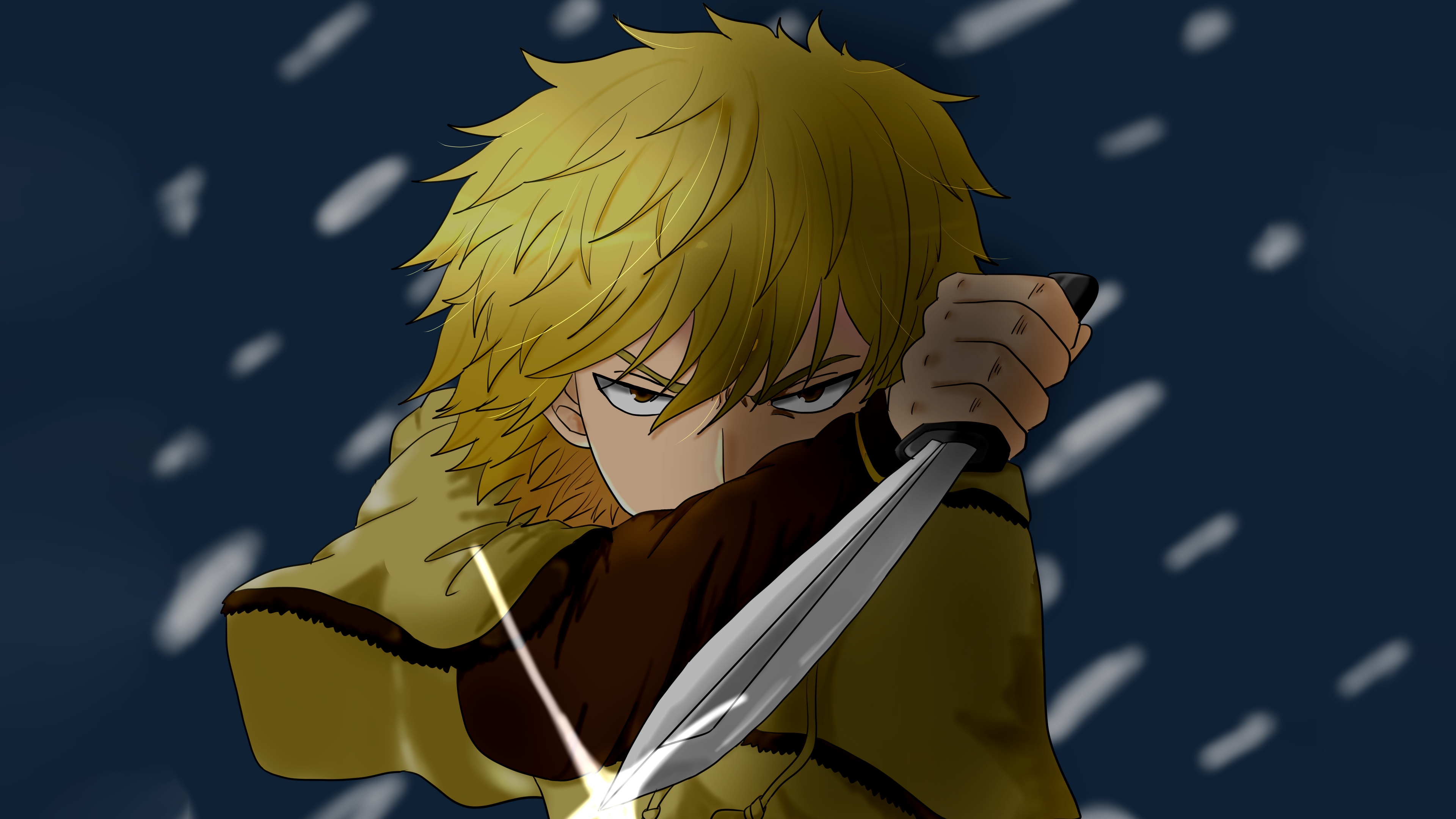A high-detail close-up portrait of Thorfinn from the anime series Vinland Saga.