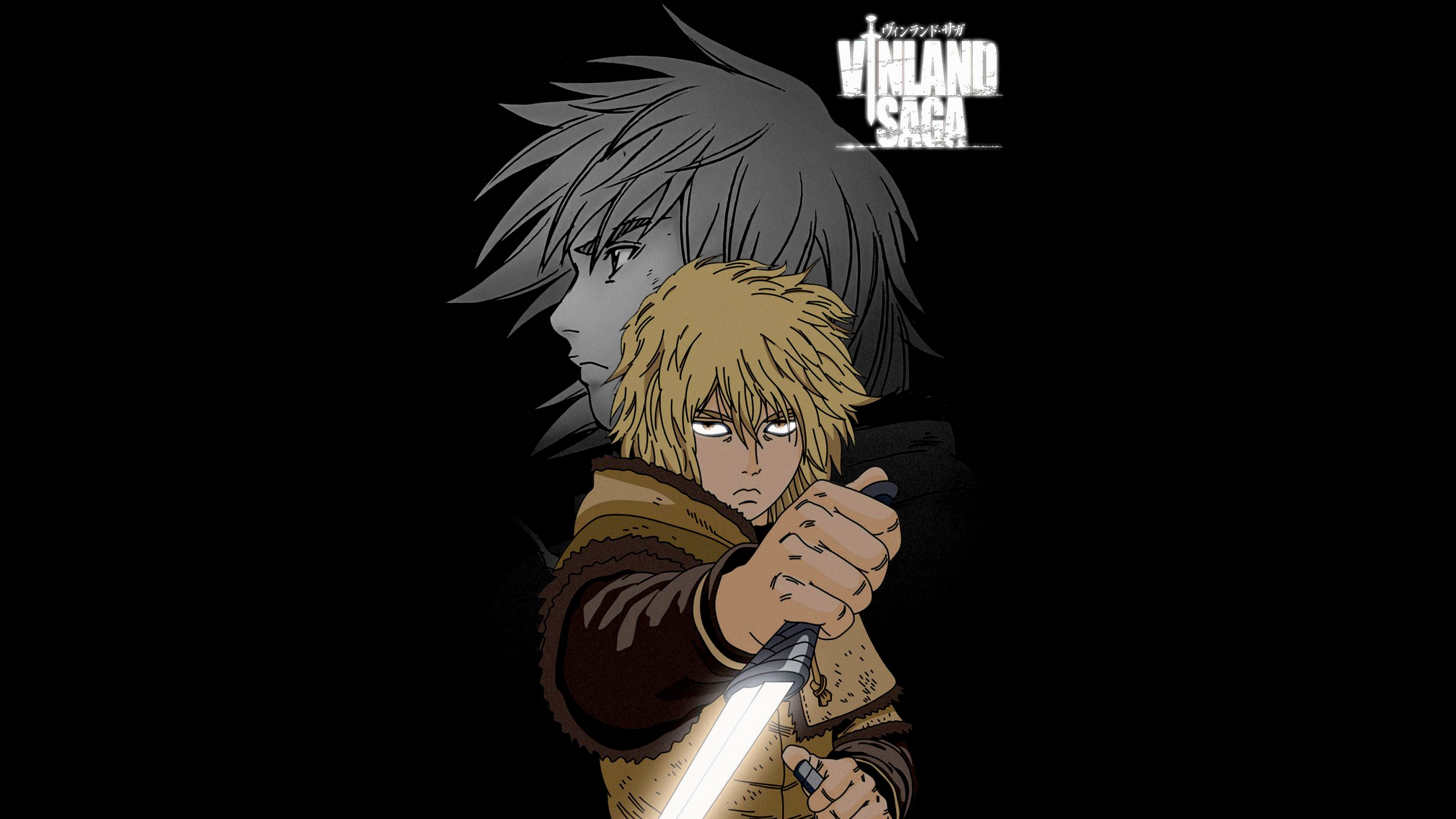 A cinematic, high-resolution close-up of Thorfinn from Vinland Saga against a solid black background.