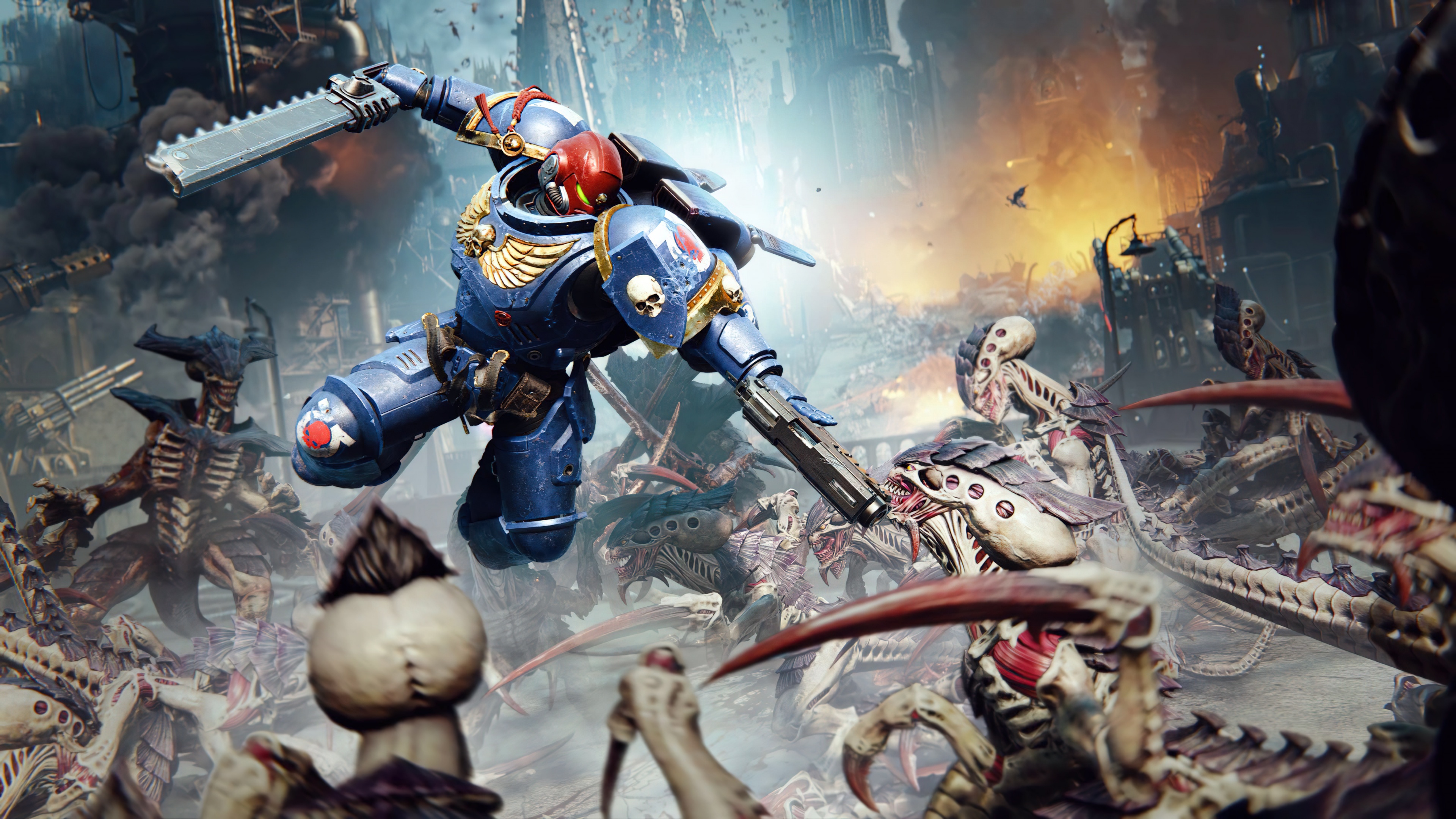 Lieutenant Titus of the Ultramarines from Warhammer 40,000: Space Marine 2 engaging in combat gameplay.