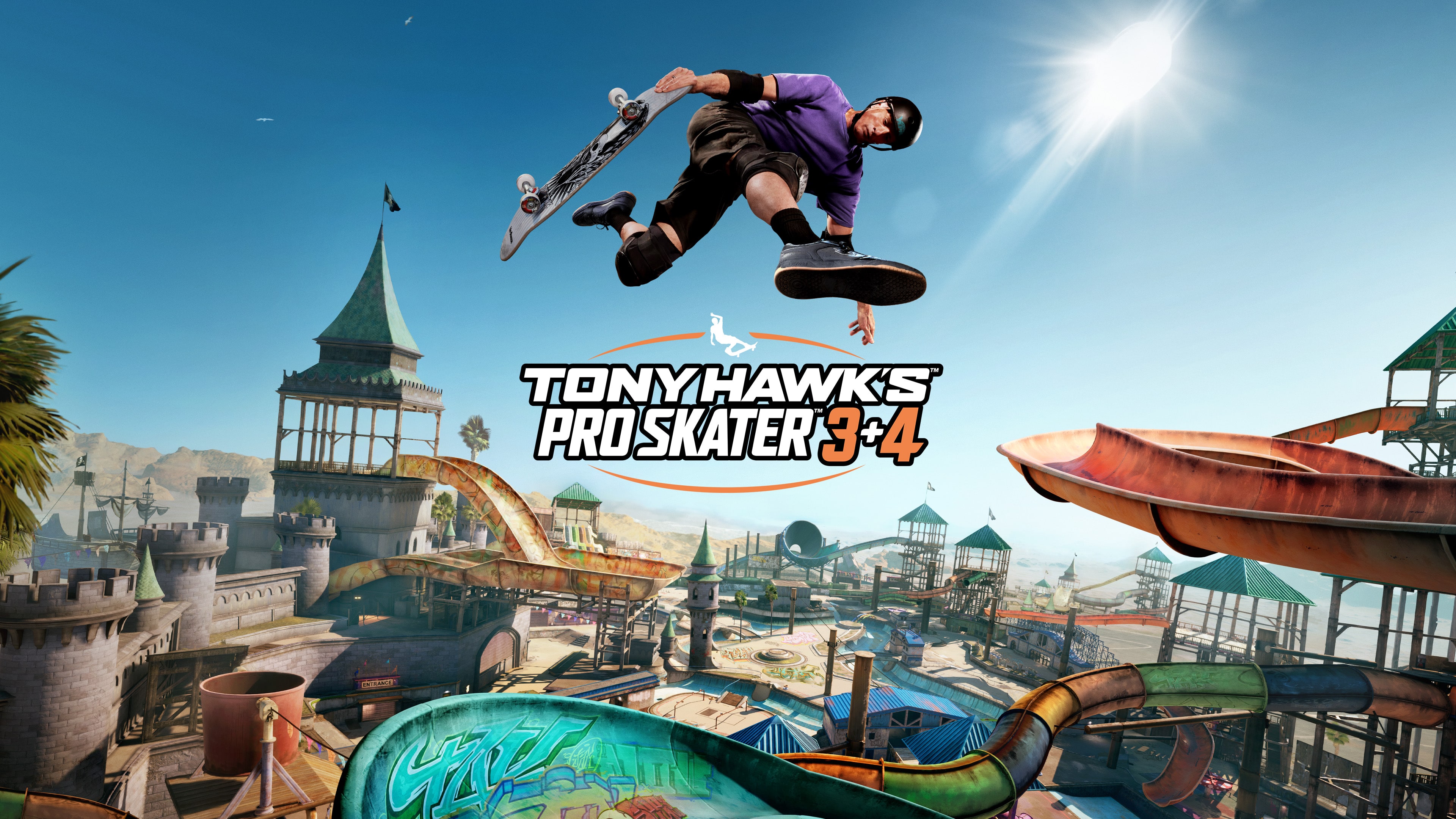 A high-definition gameplay concept of Tony Hawk performing an incredible trick on a skateboard in a contemporary urban skatepark.