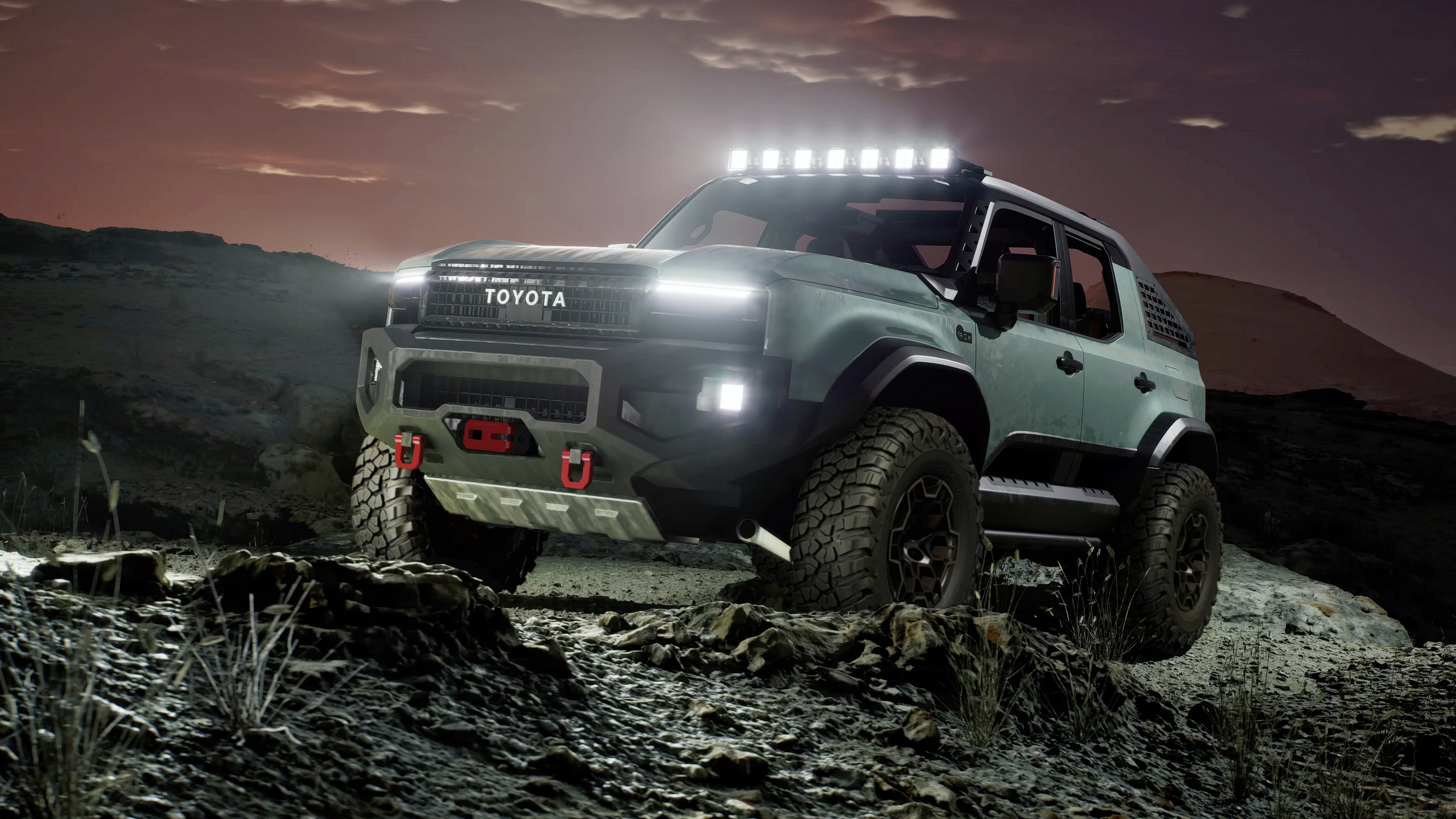 A powerful Toyota Land Cruiser ROX off-road SUV navigating rugged terrain.
