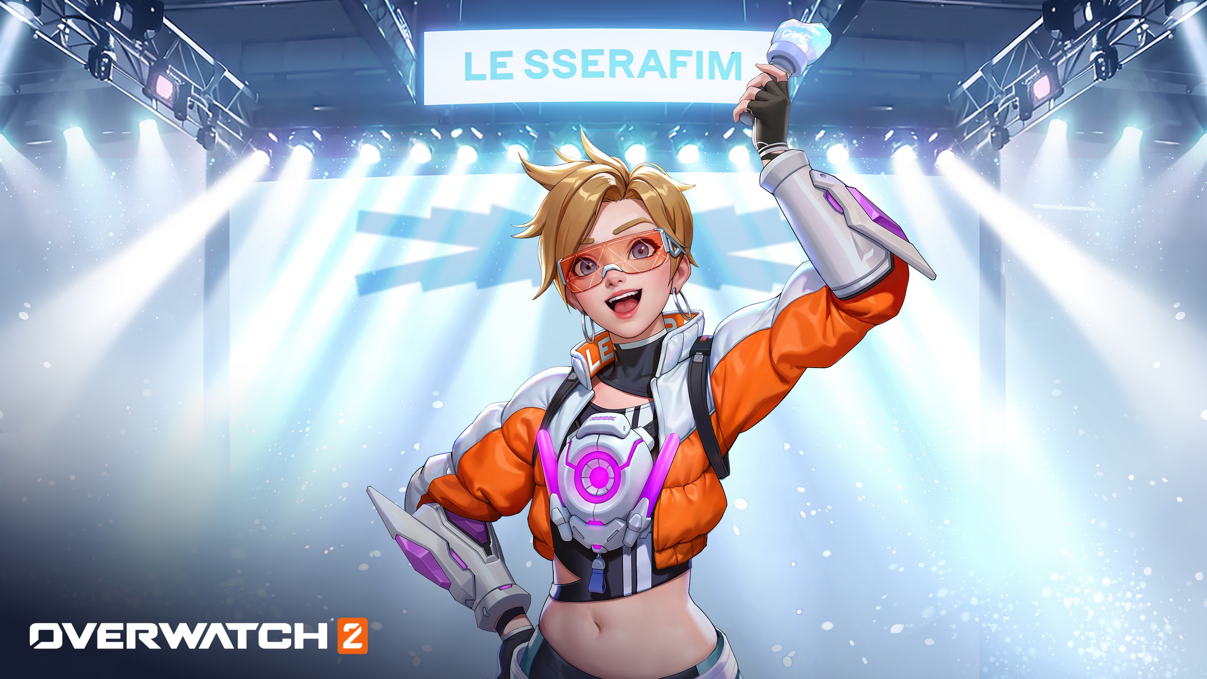 Tracer from Overwatch 2 wearing a stylish K-pop outfit inspired by Le Sserafim