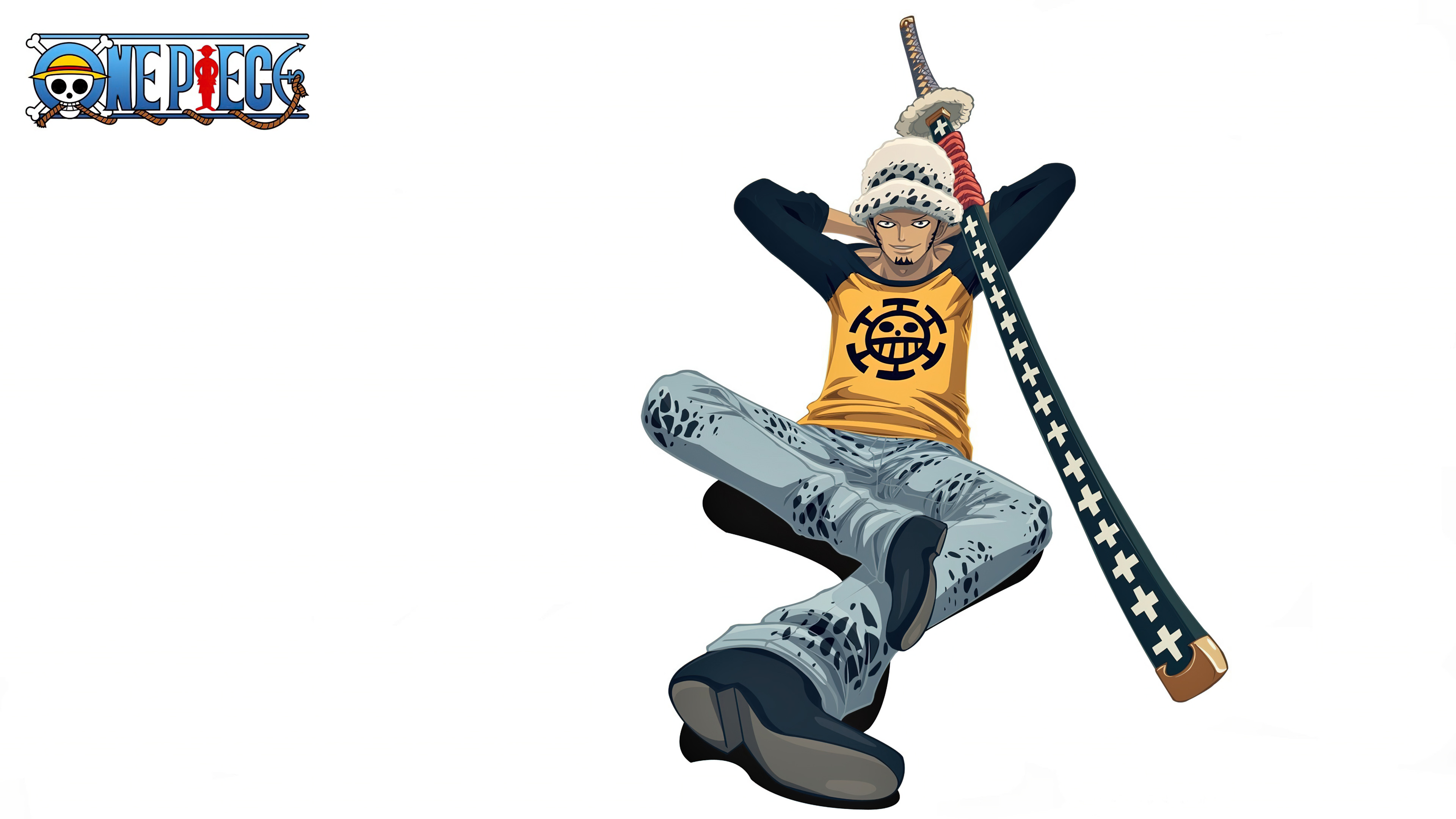 Trafalgar Law from One Piece wielding his katana on a white background