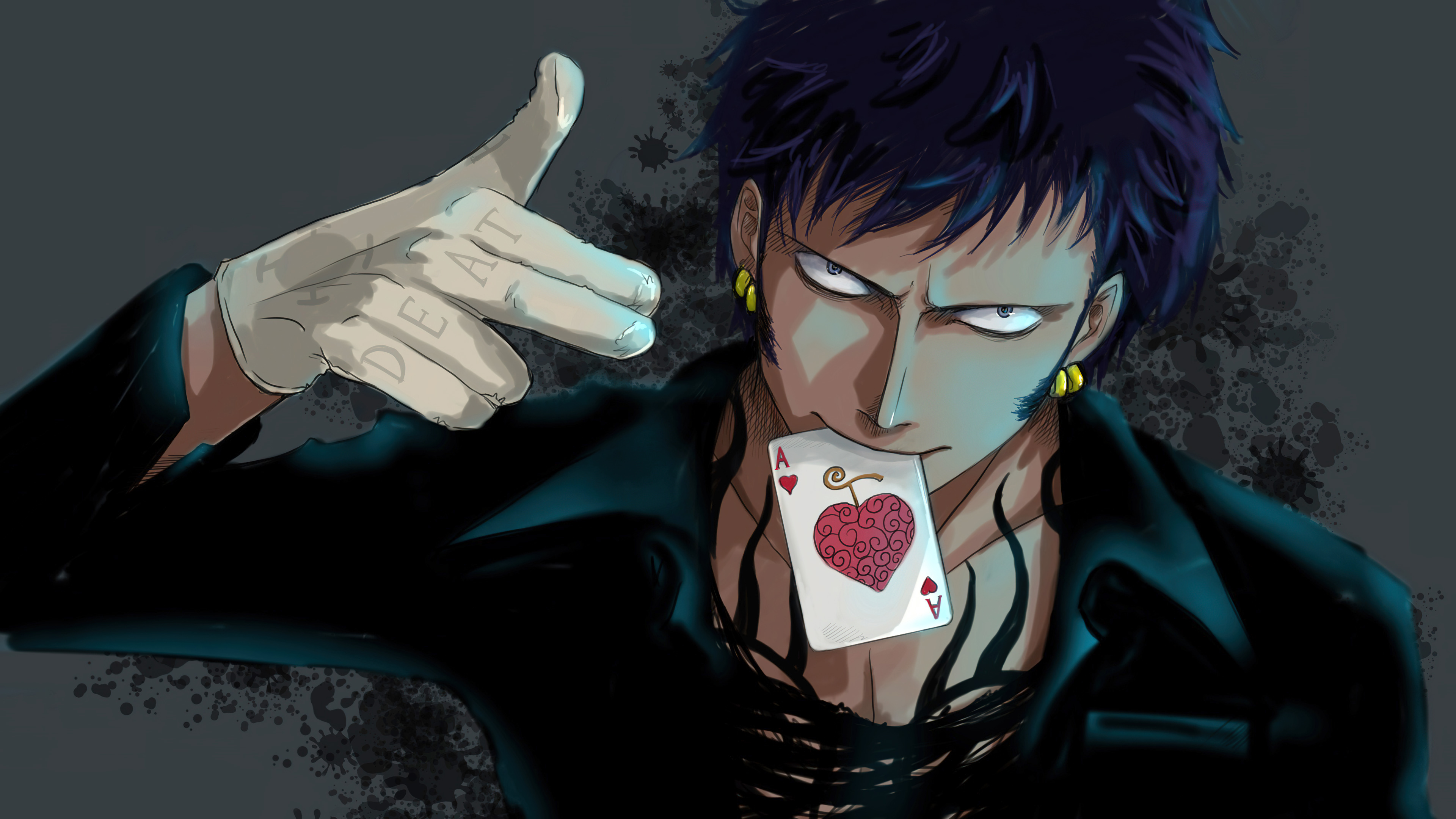 Artistic depiction of Trafalgar Law from One Piece featuring Heart Pirate elements and symbolic imagery.