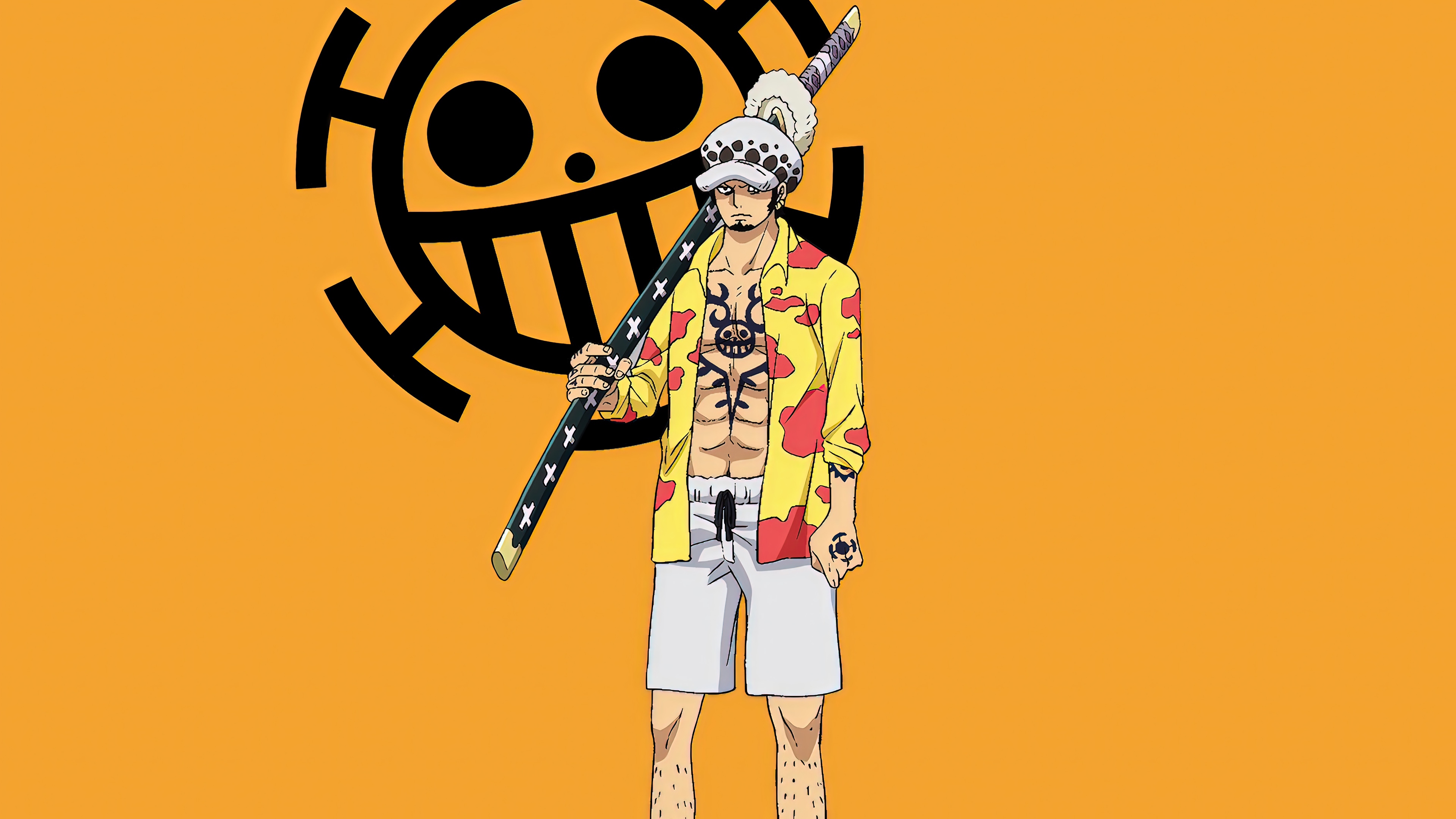 Minimalist illustration of Trafalgar Law from One Piece set against a bright yellow background.