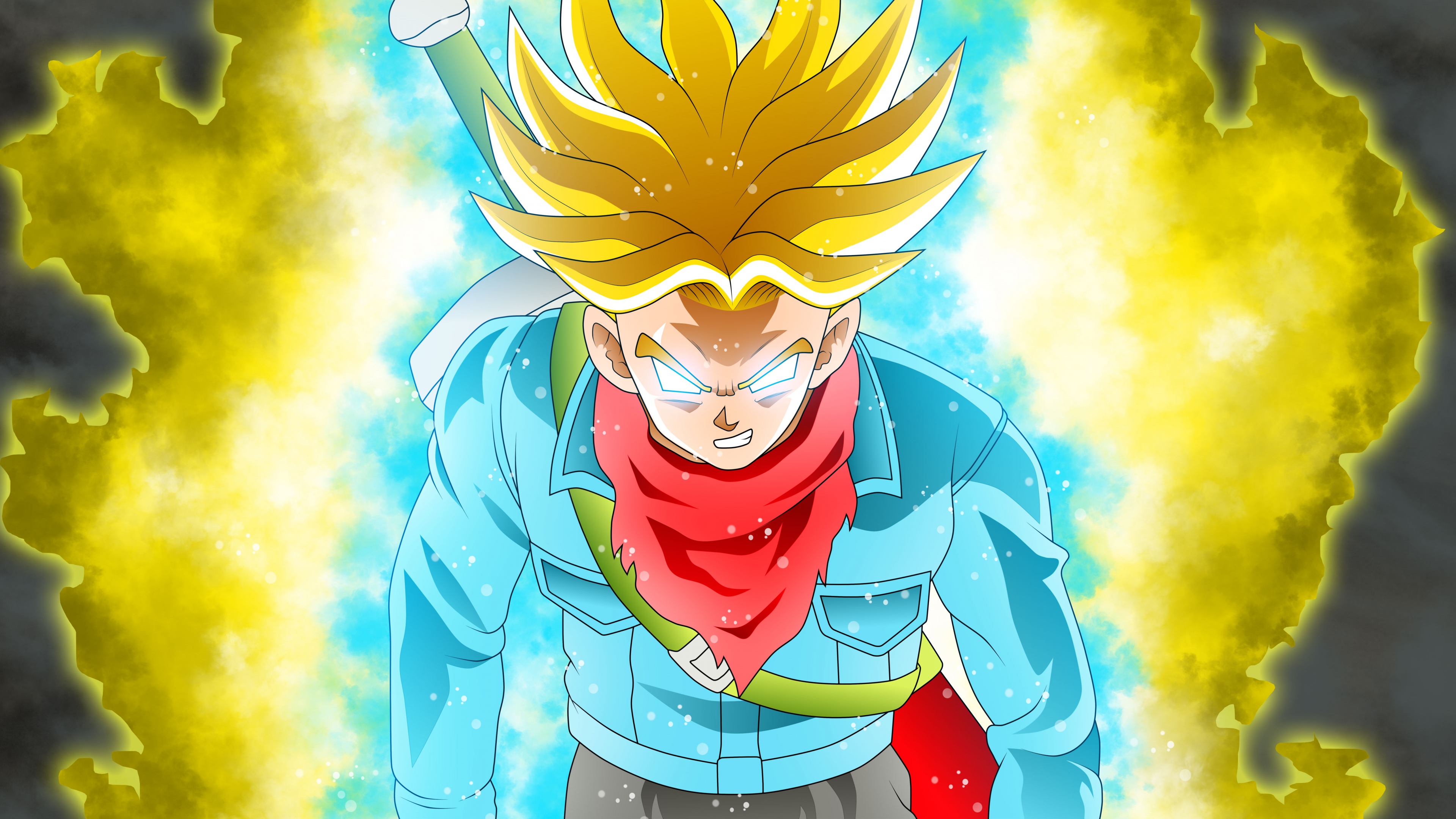 A high-detail cinematic portrait of the character Trunks from the anime Dragon Ball Super.
