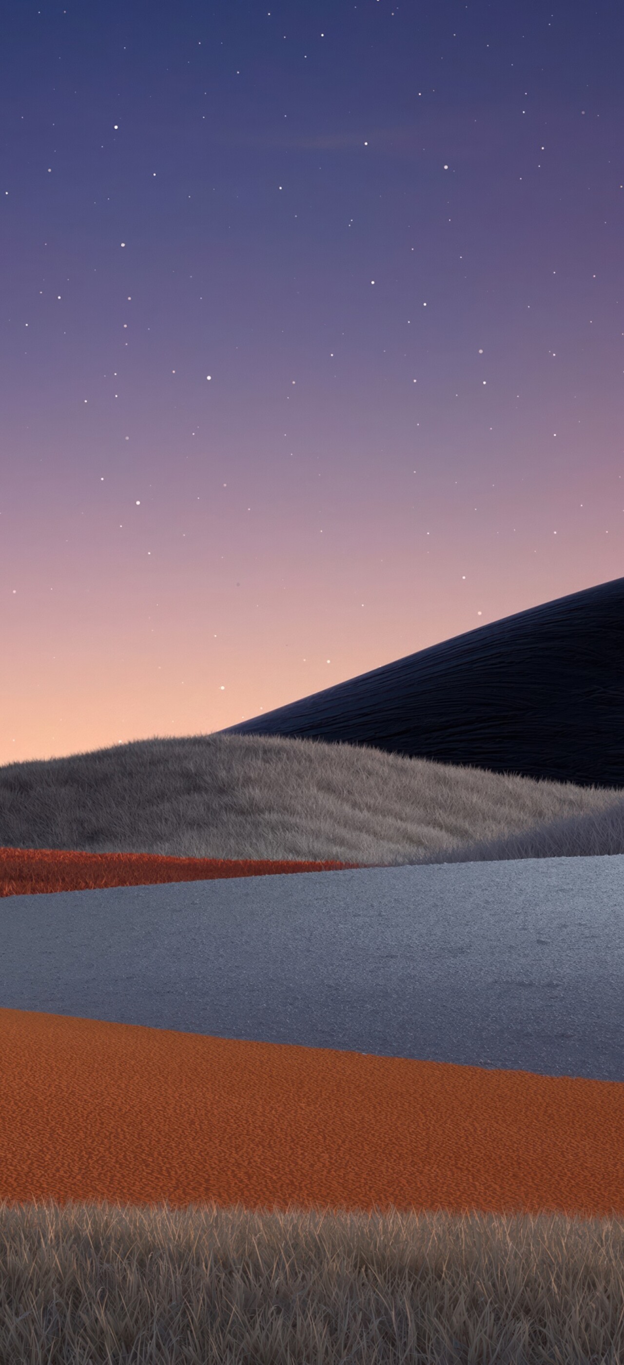 A serene landscape of rolling green hills under a warm sunset and a vast, starry twilight sky.