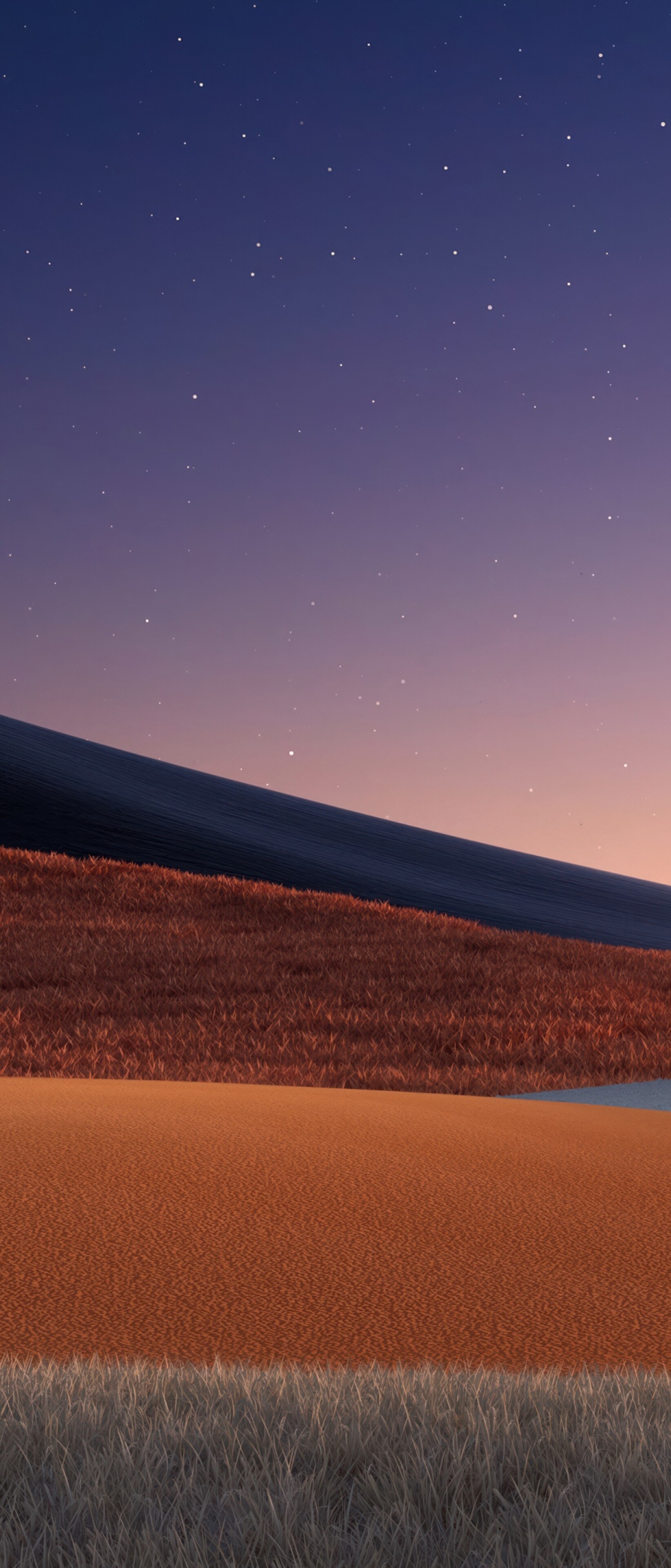 A peaceful landscape of rolling hills and a grassy field under a starry twilight sky at sunset.