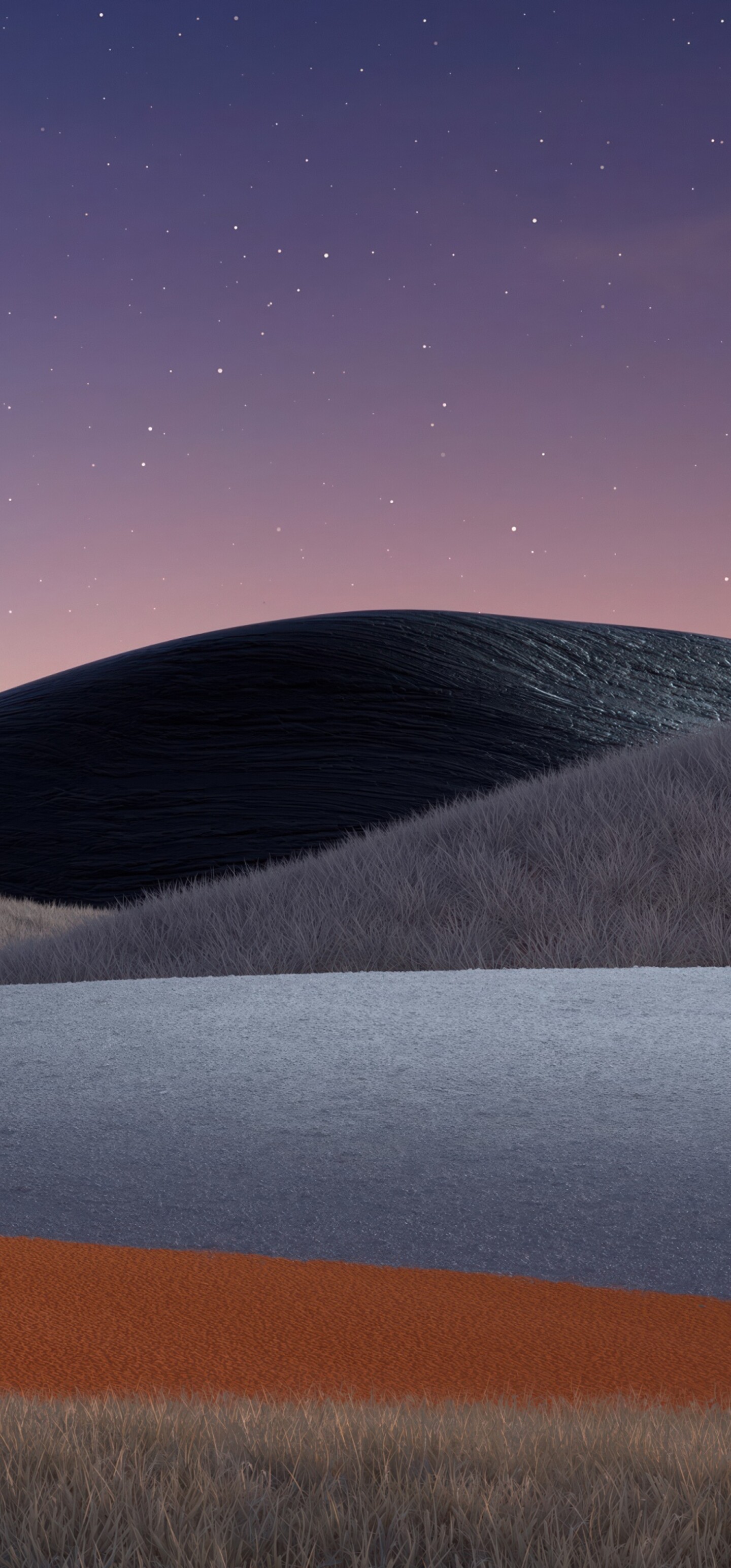 A serene landscape of rolling hills under a starry twilight sky with the warm glow of a sunset.