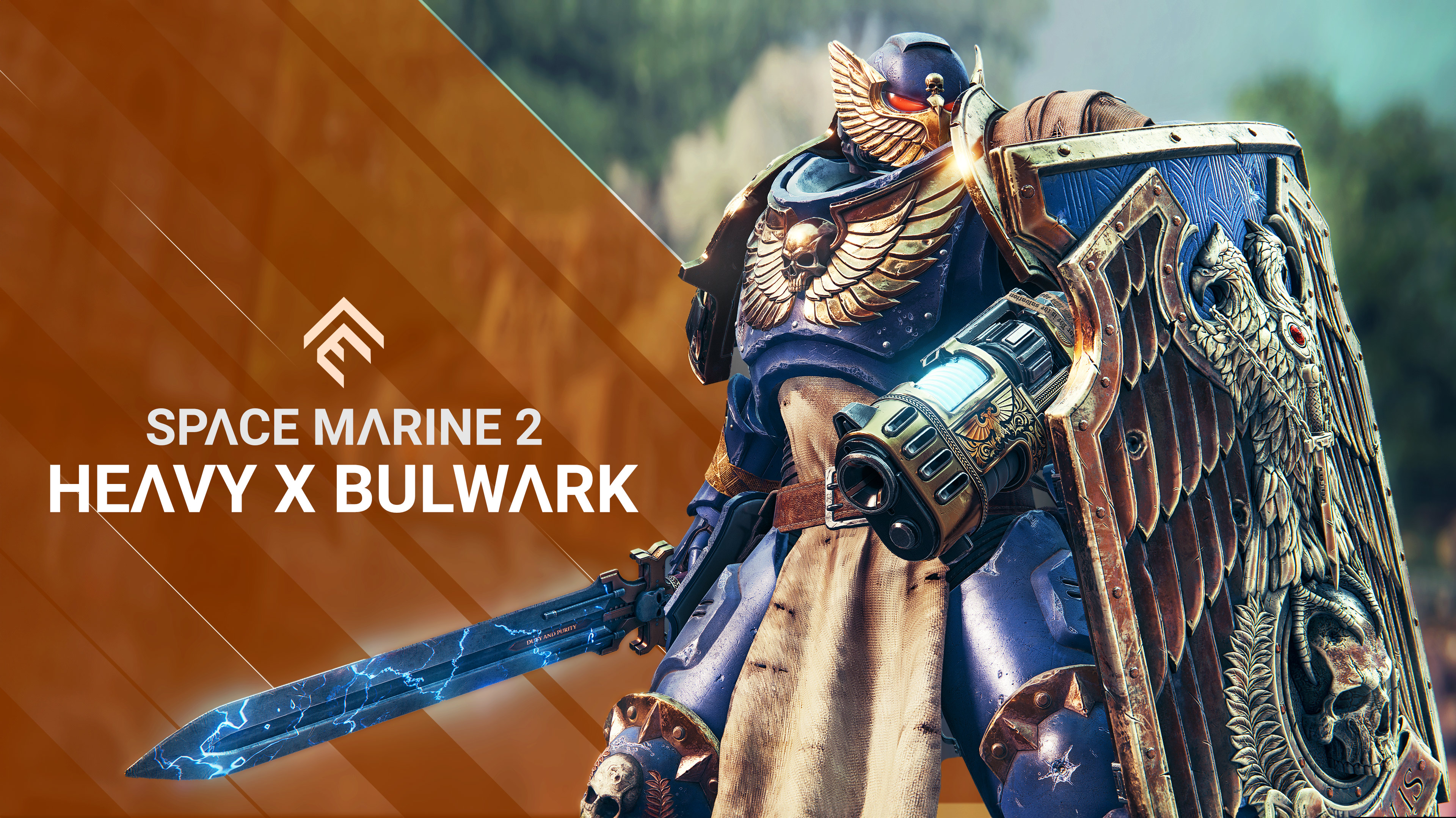 A heavily armored Ultramarine Space Marine from Warhammer 40,000: Space Marine 2 holding a large combat shield.