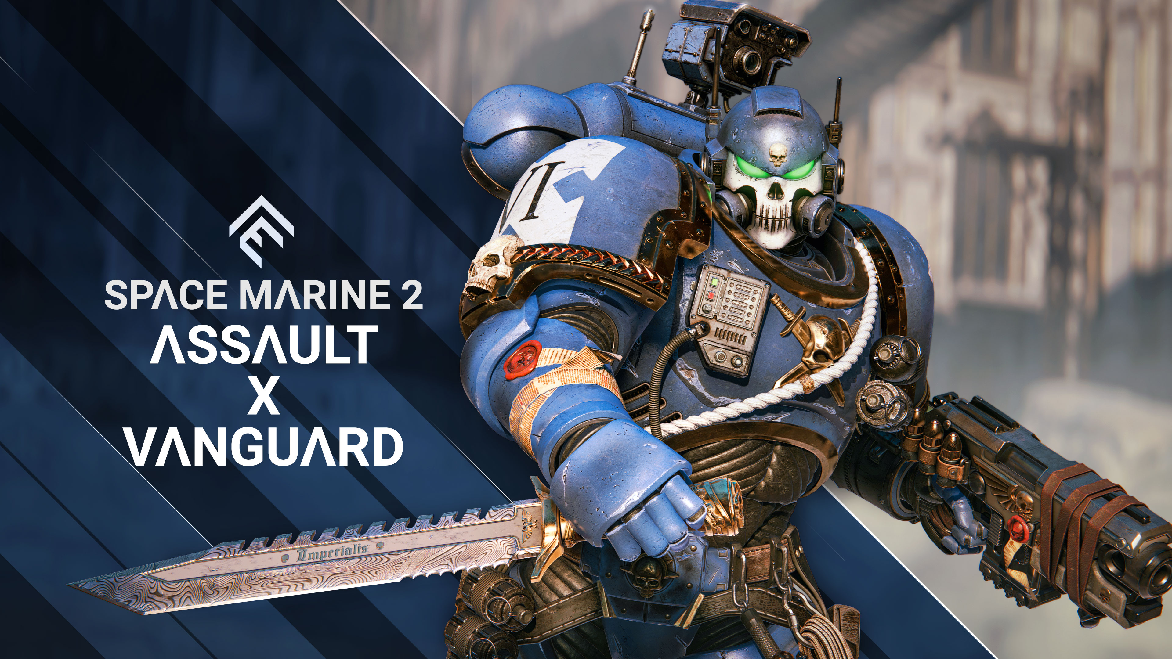 An Ultramarines Assault Space Marine in blue and gold power armor from Warhammer 40,000: Space Marine 2.