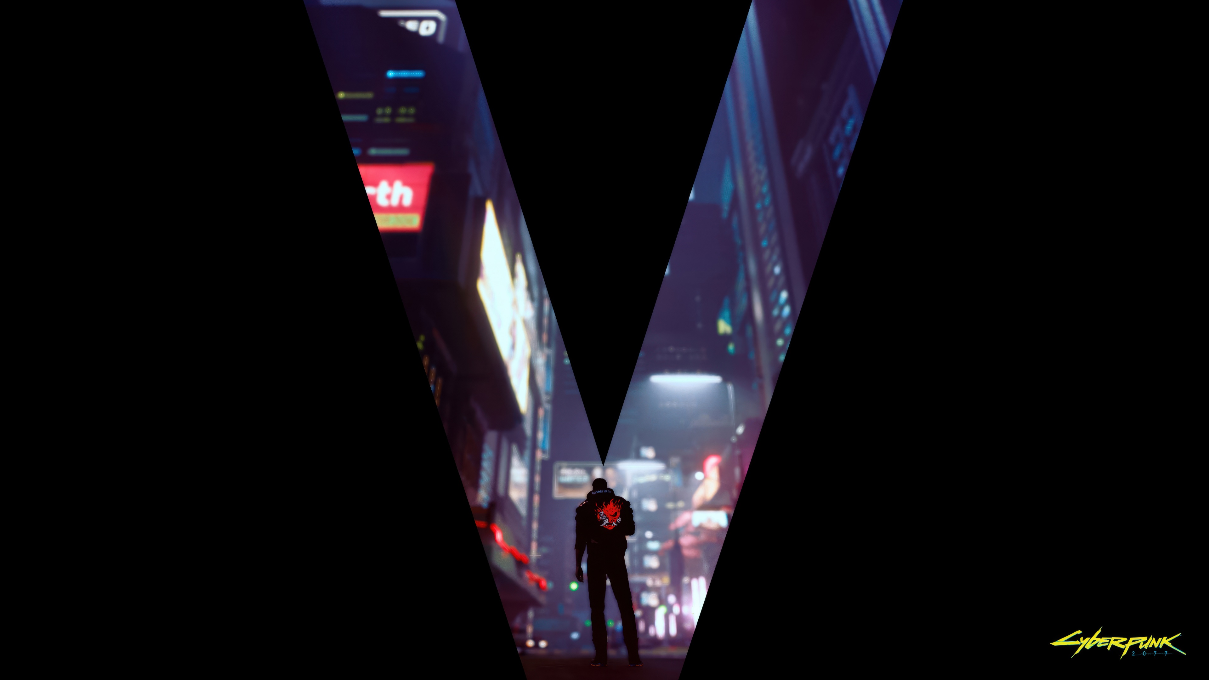 A dark, high-resolution game poster featuring the character V from Cyberpunk 2077.