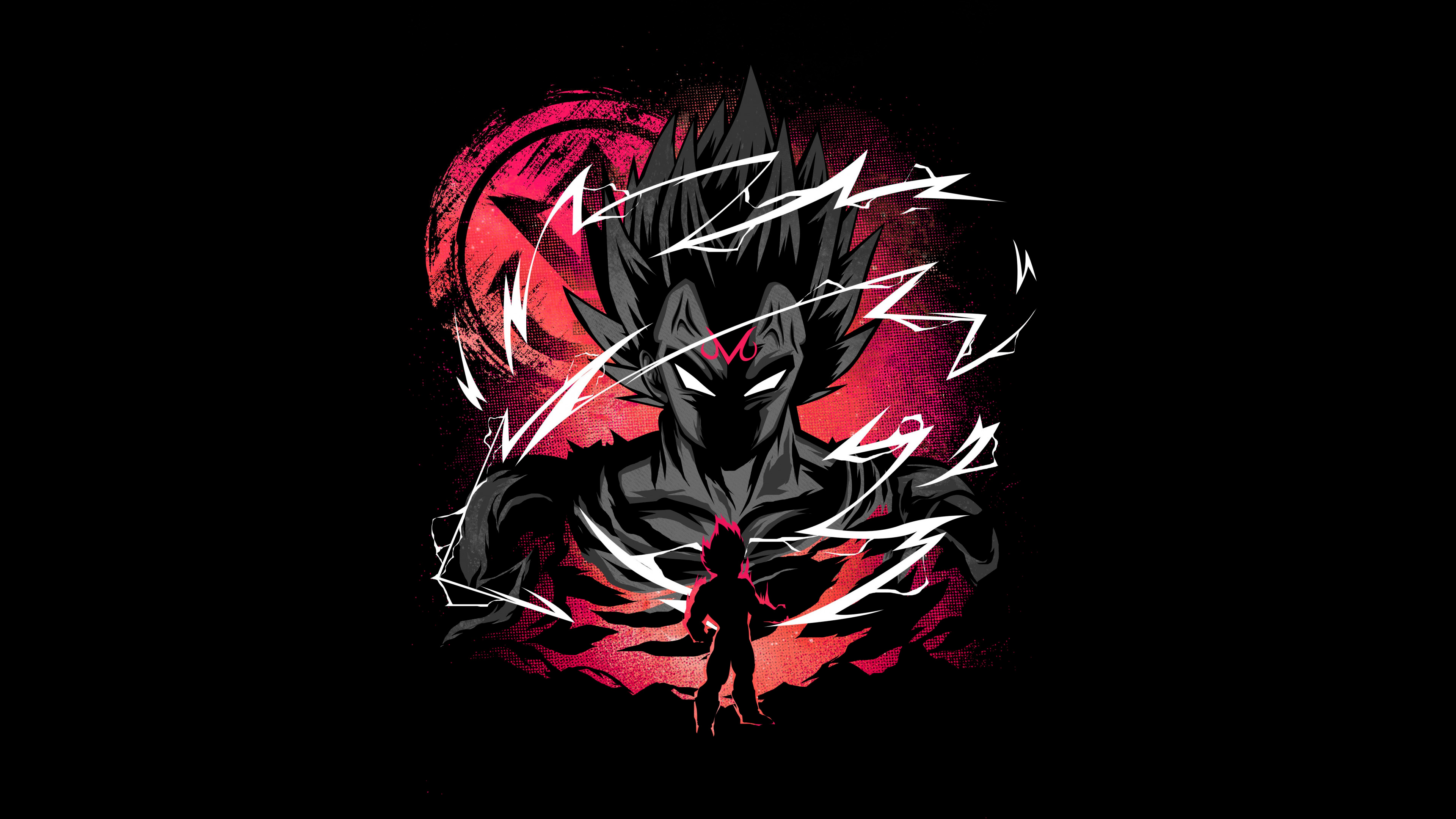 A high-contrast, vibrant portrait of Vegeta from Dragon Ball Super against a pitch-black background.