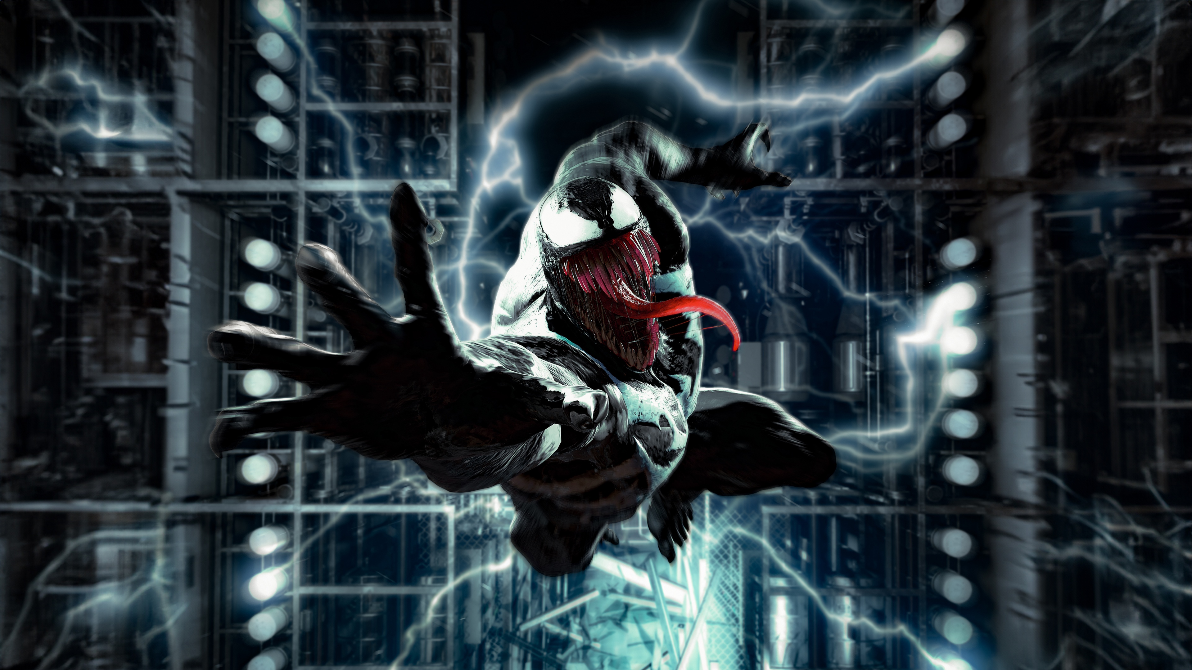 A high-resolution, cinematic close-up of Venom from the video game Marvel's Spider-Man 2, showcasing his black symbiote textures and white eyes.