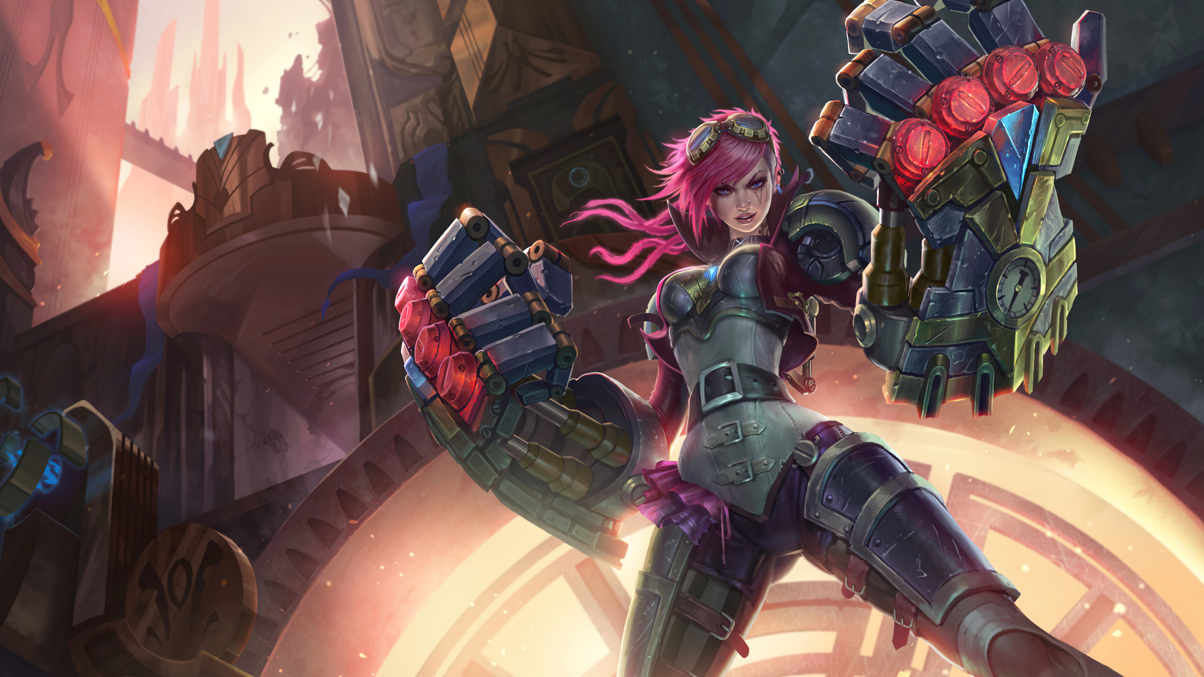 Vi from League of Legends featuring her signature pink hair and mechanical Atlas Gauntlets.