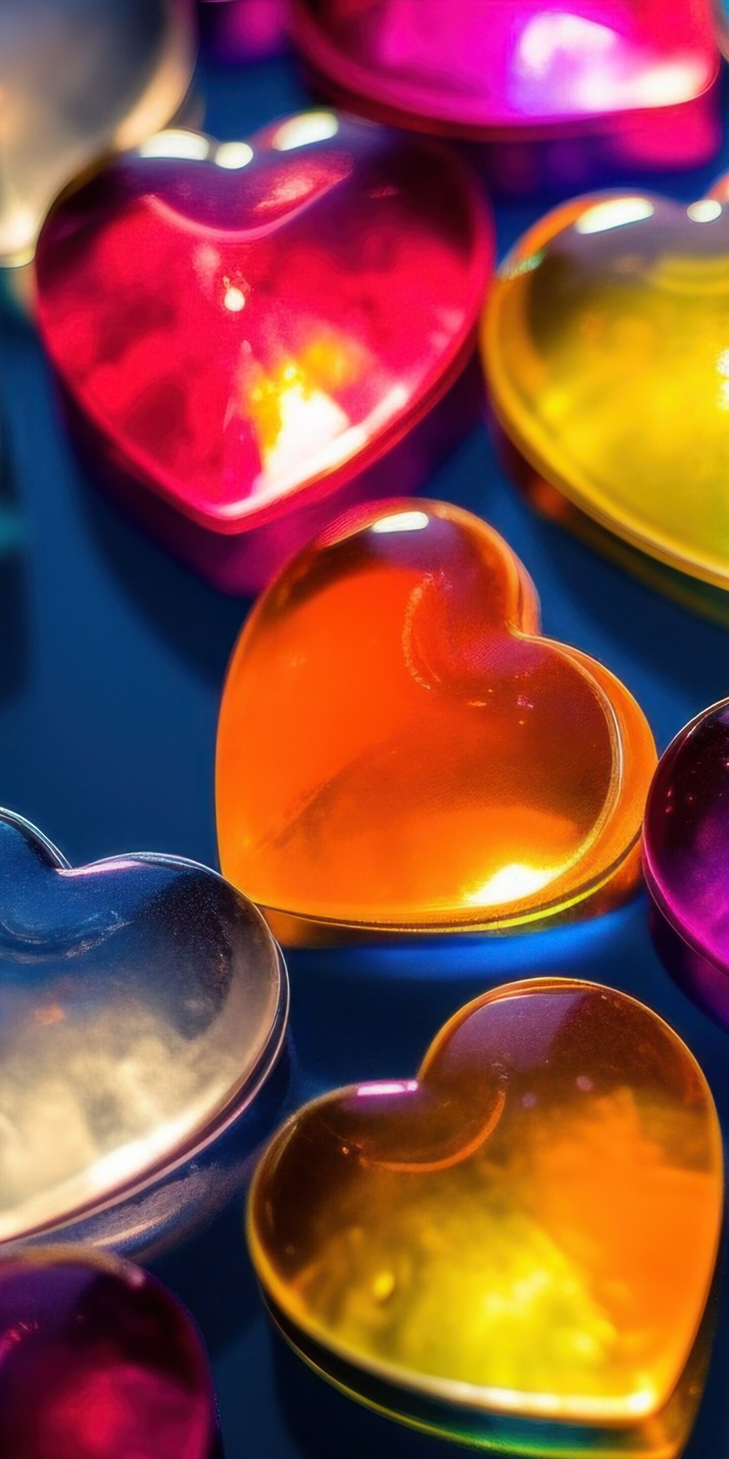 A collection of colorful 3D hearts floating against a solid blue background.