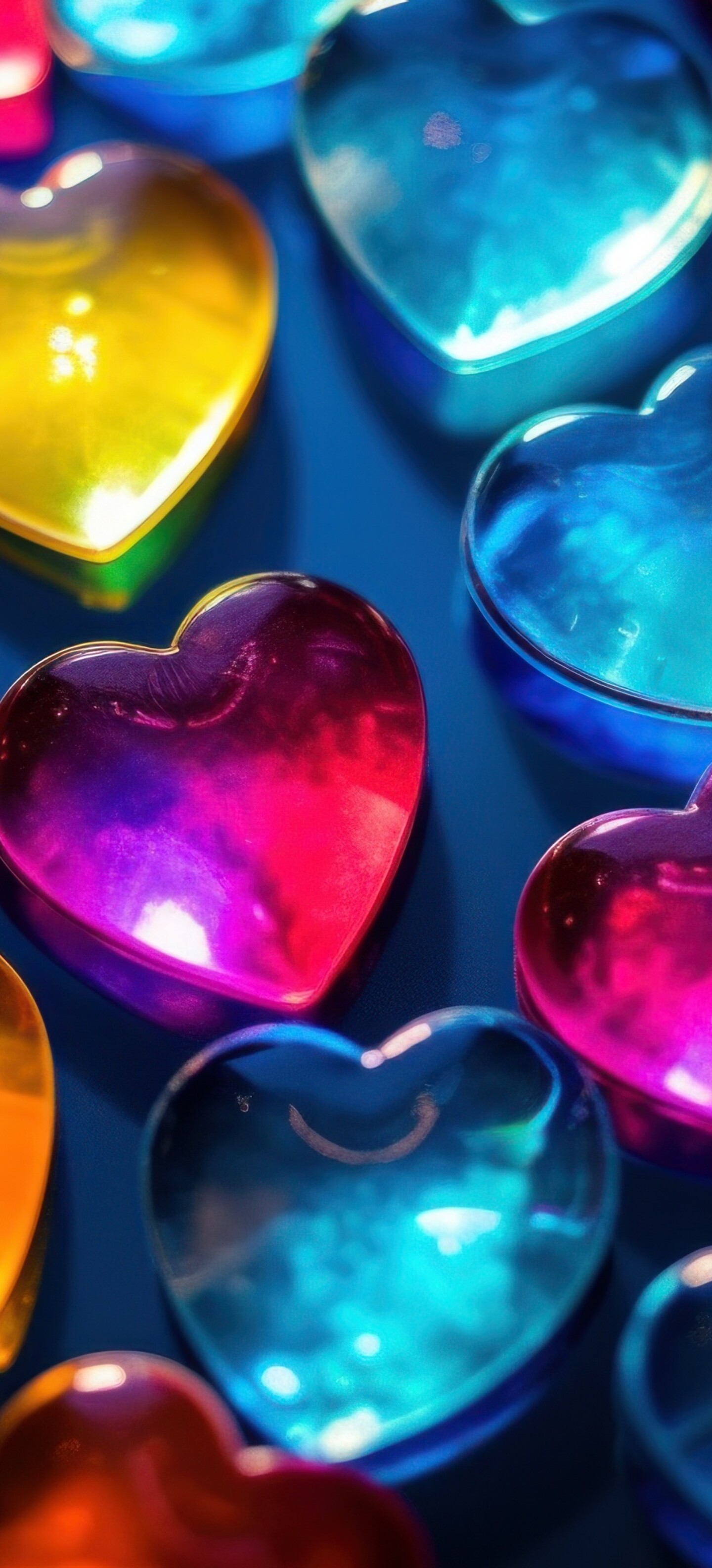 A collection of colorful 3D hearts floating on a blue background.