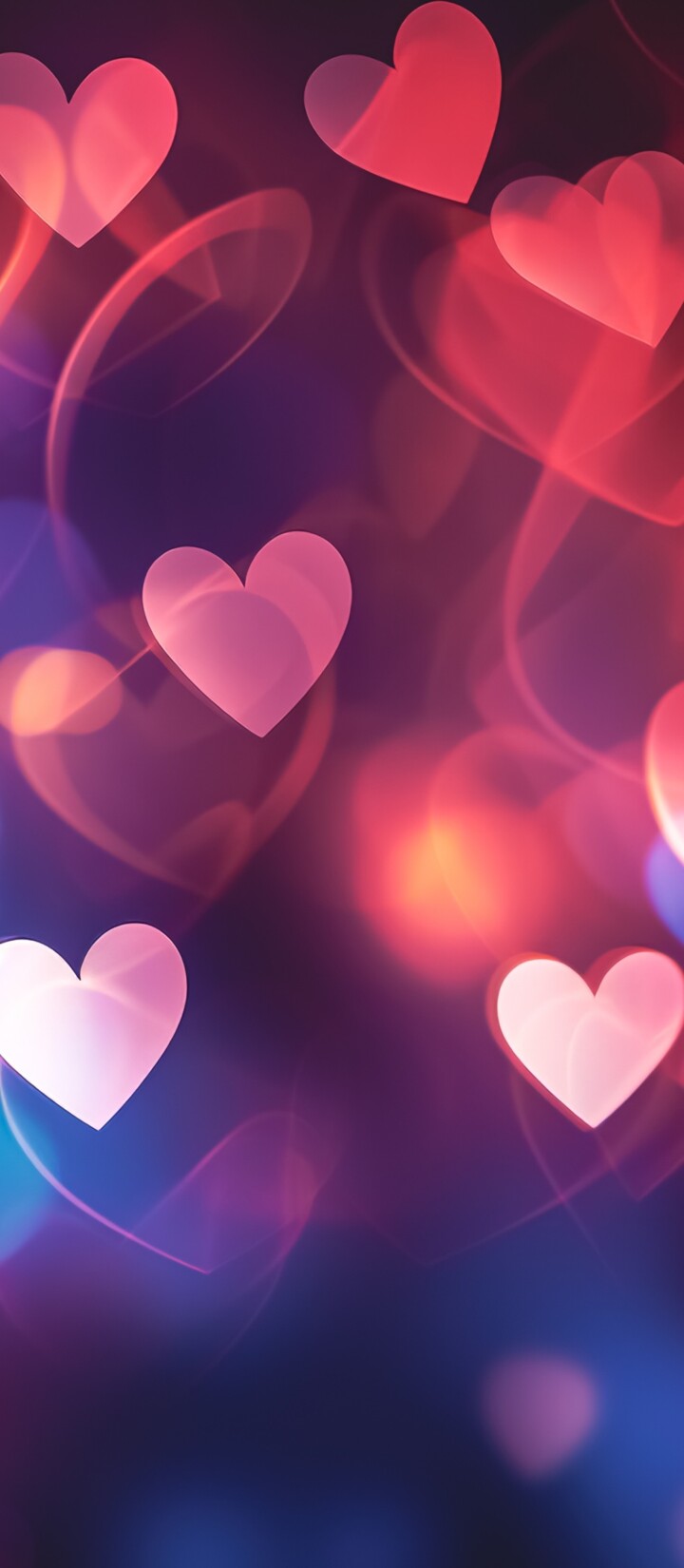 Colorful glowing hearts layered over a soft, multicolored bokeh light background.