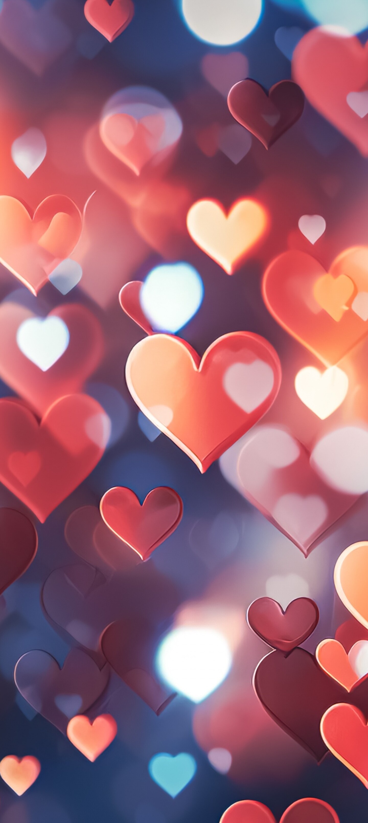 A collection of colorful, glowing hearts set against a soft, out-of-focus bokeh background.