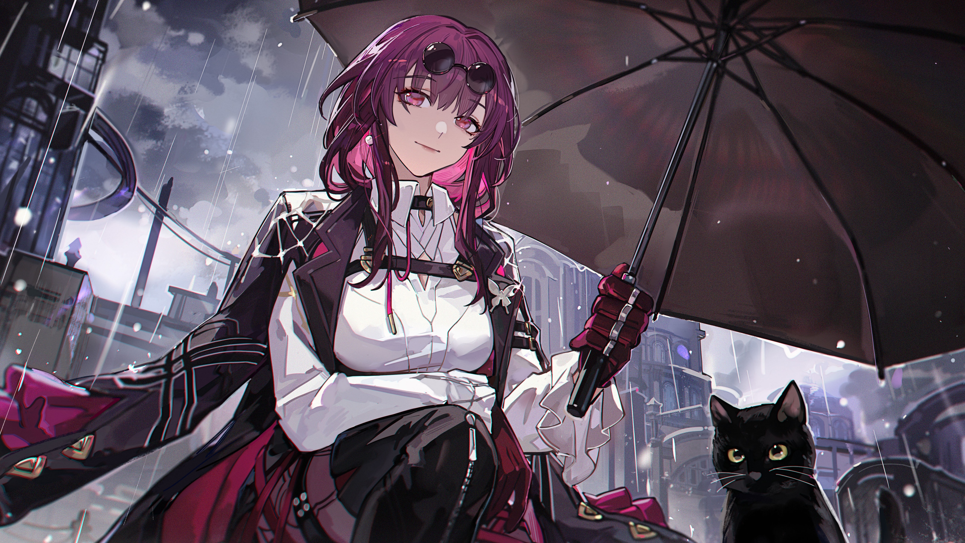 A figure holding an umbrella amidst a lush purple aesthetic and cinematic lighting.