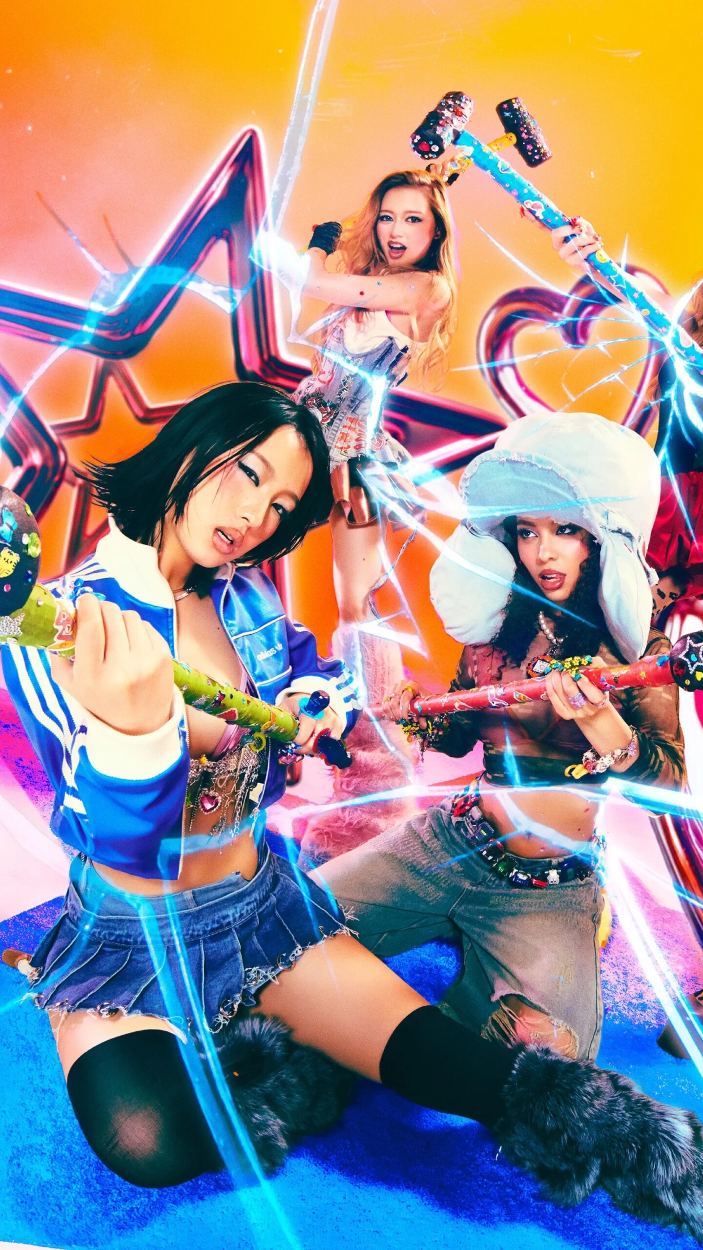 A high-resolution, multi-colored portrait of a group of girls with vibrant and saturated hues.
