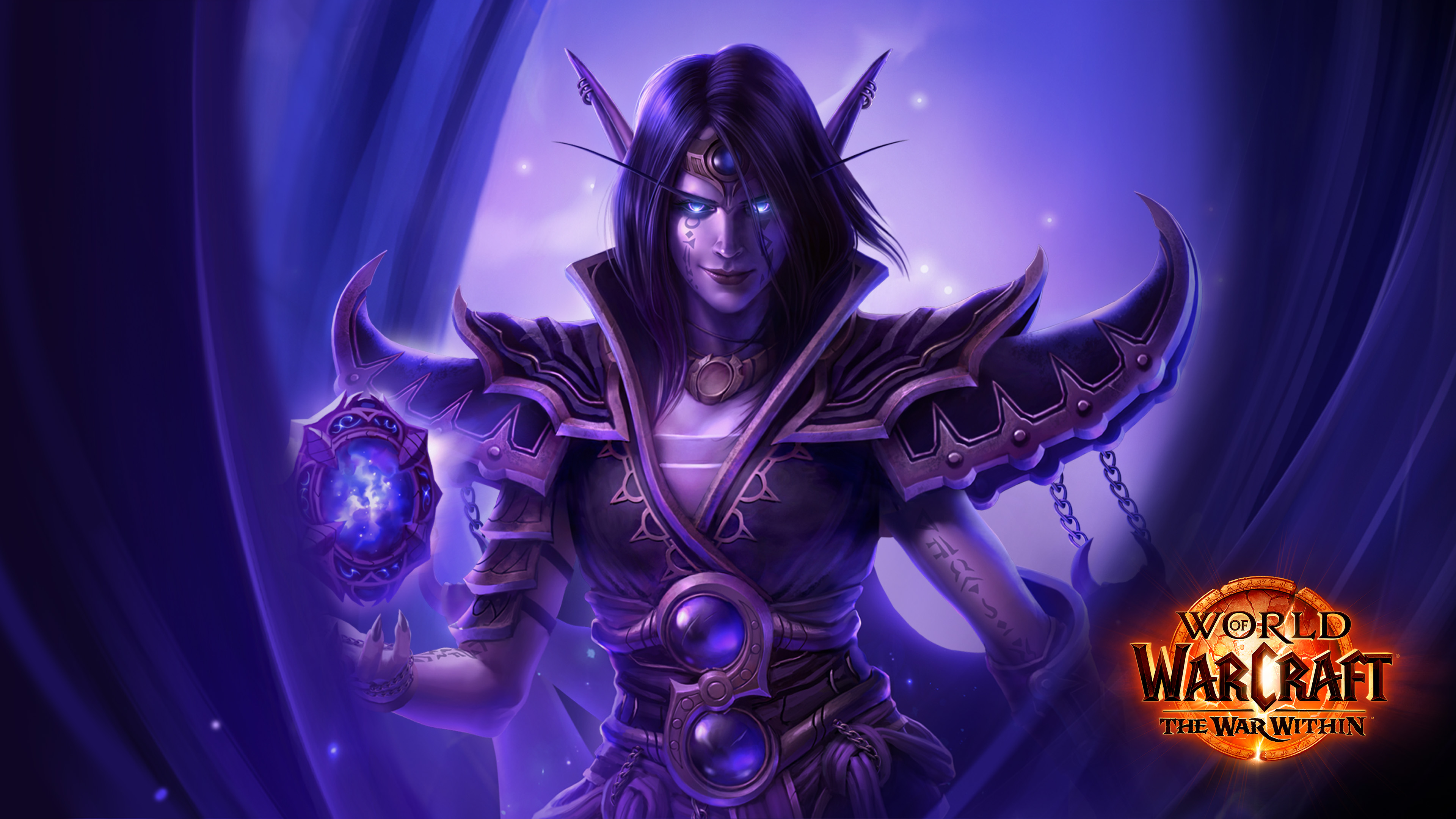 A shadowy Voidweaver character featuring a purple aesthetic and swirling cosmic energy, inspired by World of Warcraft: The War Within.