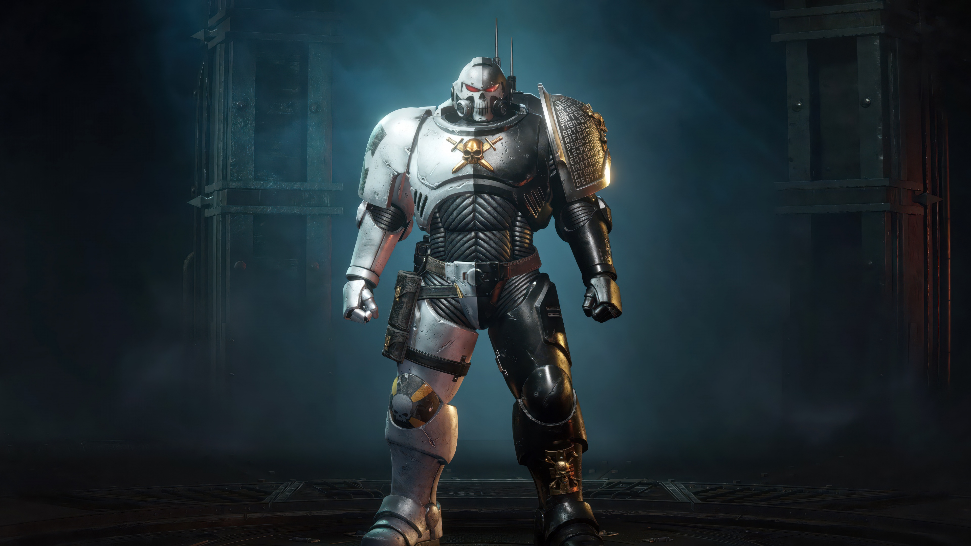 A detailed view of a heavily armored Space Marine from the game Warhammer 40,000: Space Marine 2.