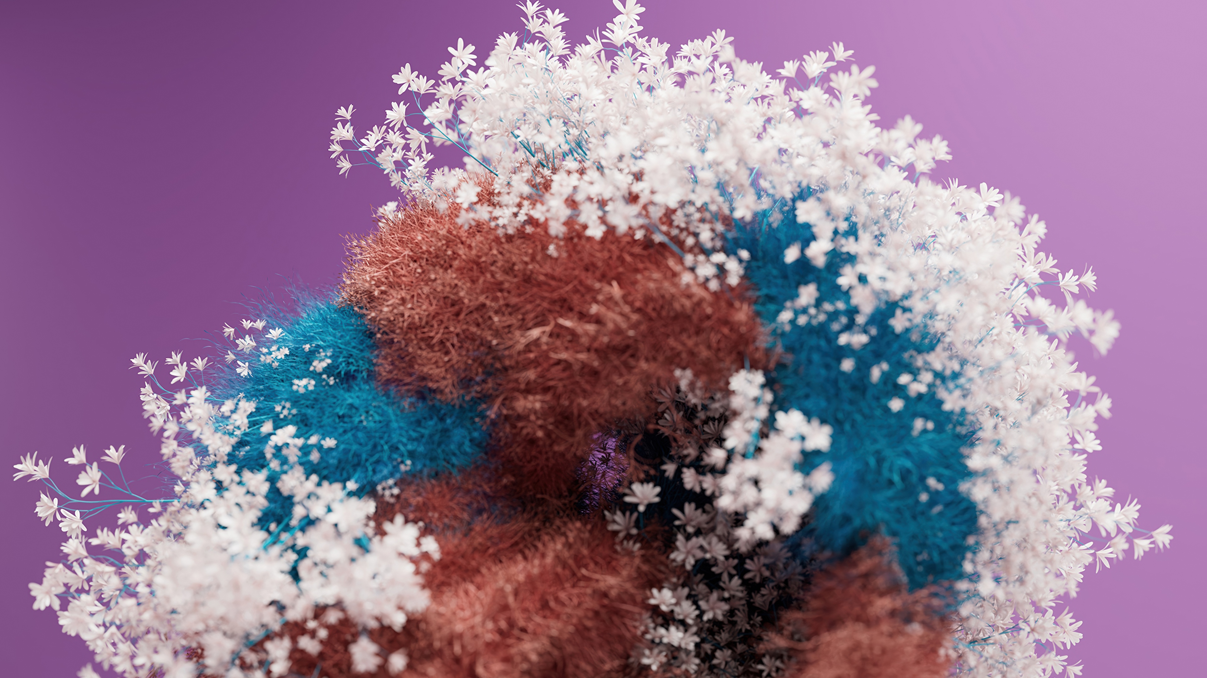 Macro 3D render of fluffy white flowers against a soft purple background